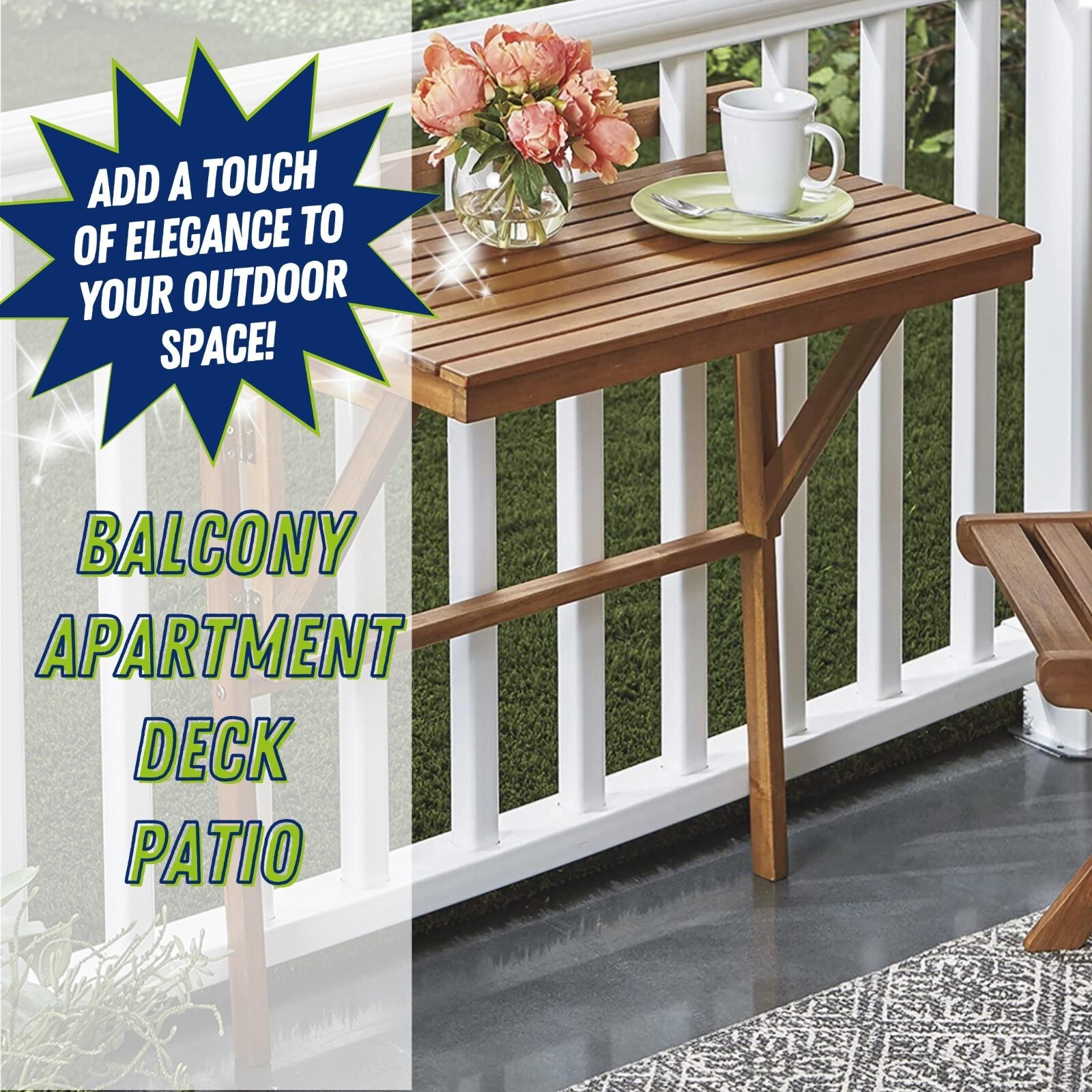 Patio Wise Outdoor Folding Acacia Wood Balcony Railing Table, Foldable Deck Bar