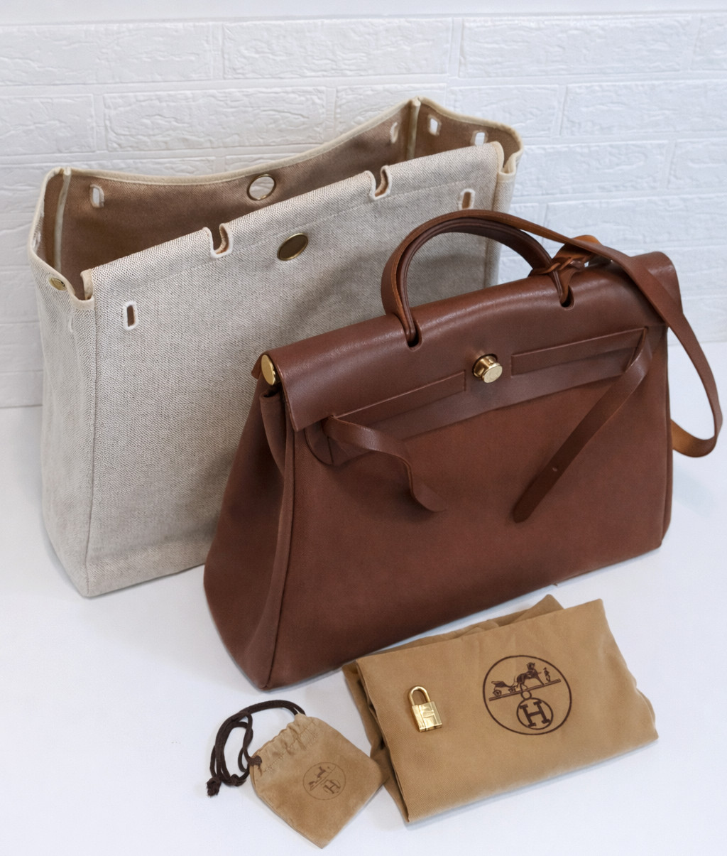 Hermes Herbag MM 2way Handbag Square E Margiela Era w/Padlock Key Dust Bag Auth
