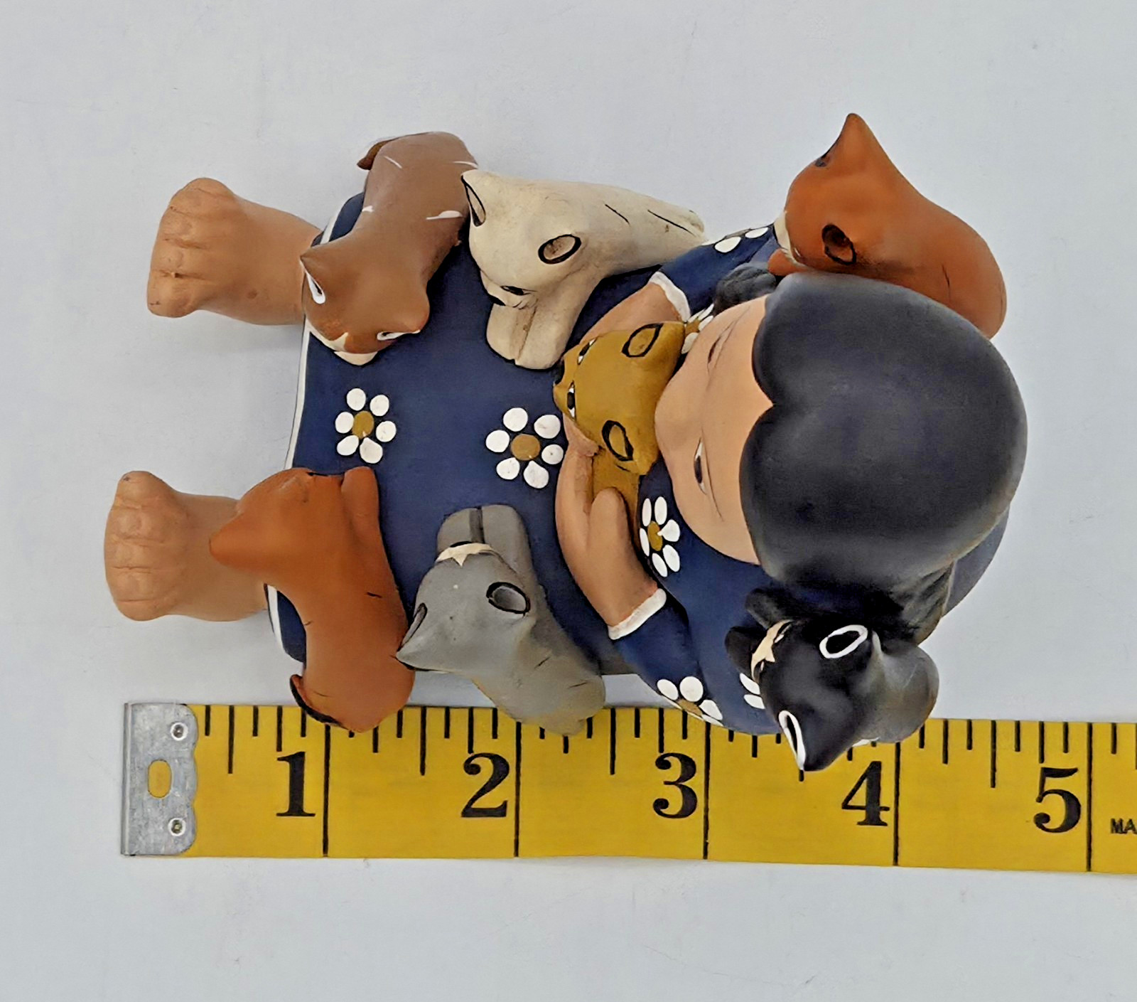 Handmade Peruvian Girl & 7 Cats Storyteller Pottery Ceramic Figure Folk Art
