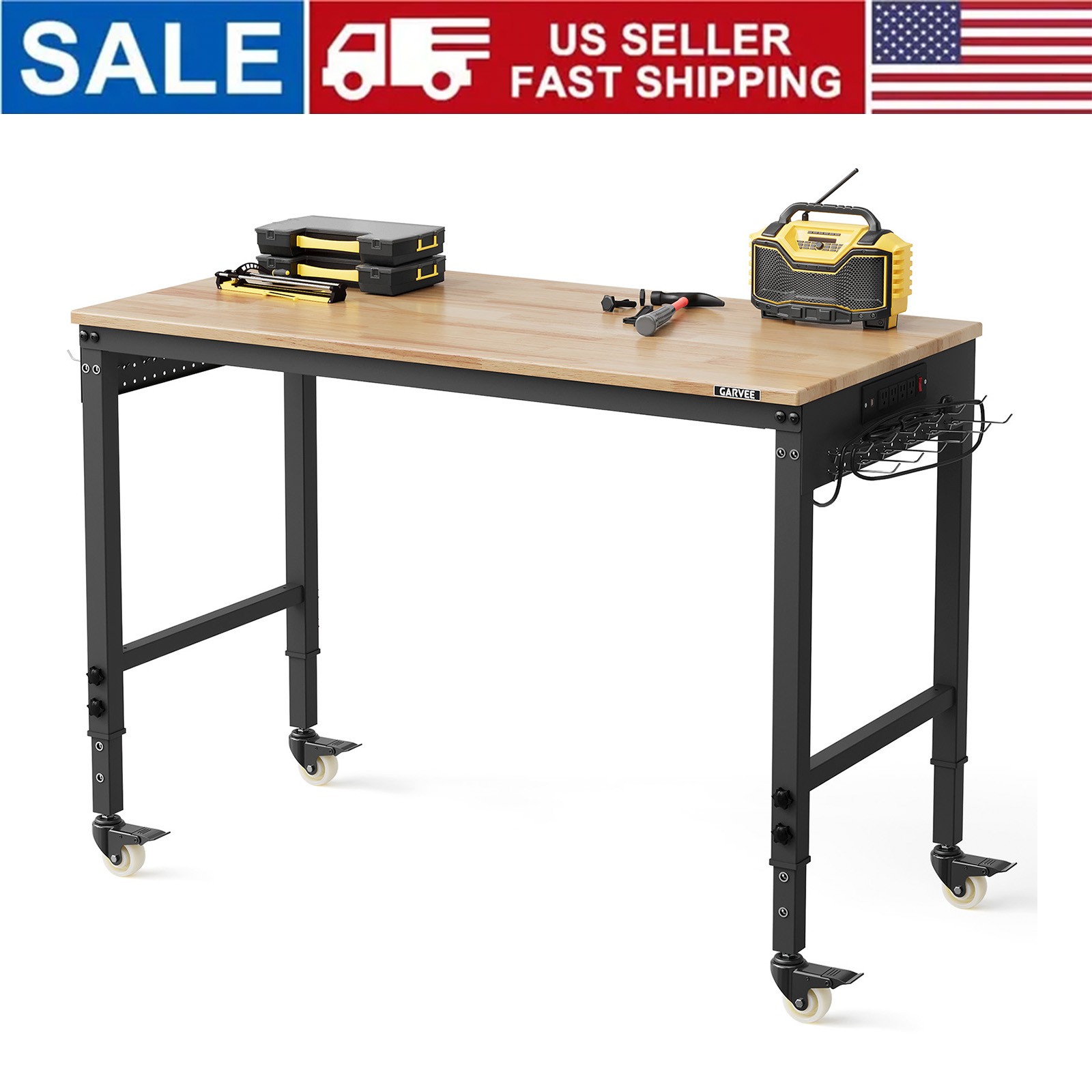 48x24 in Adjustable Height Workbench 2000 lb with Power Outlets & Swivel Casters