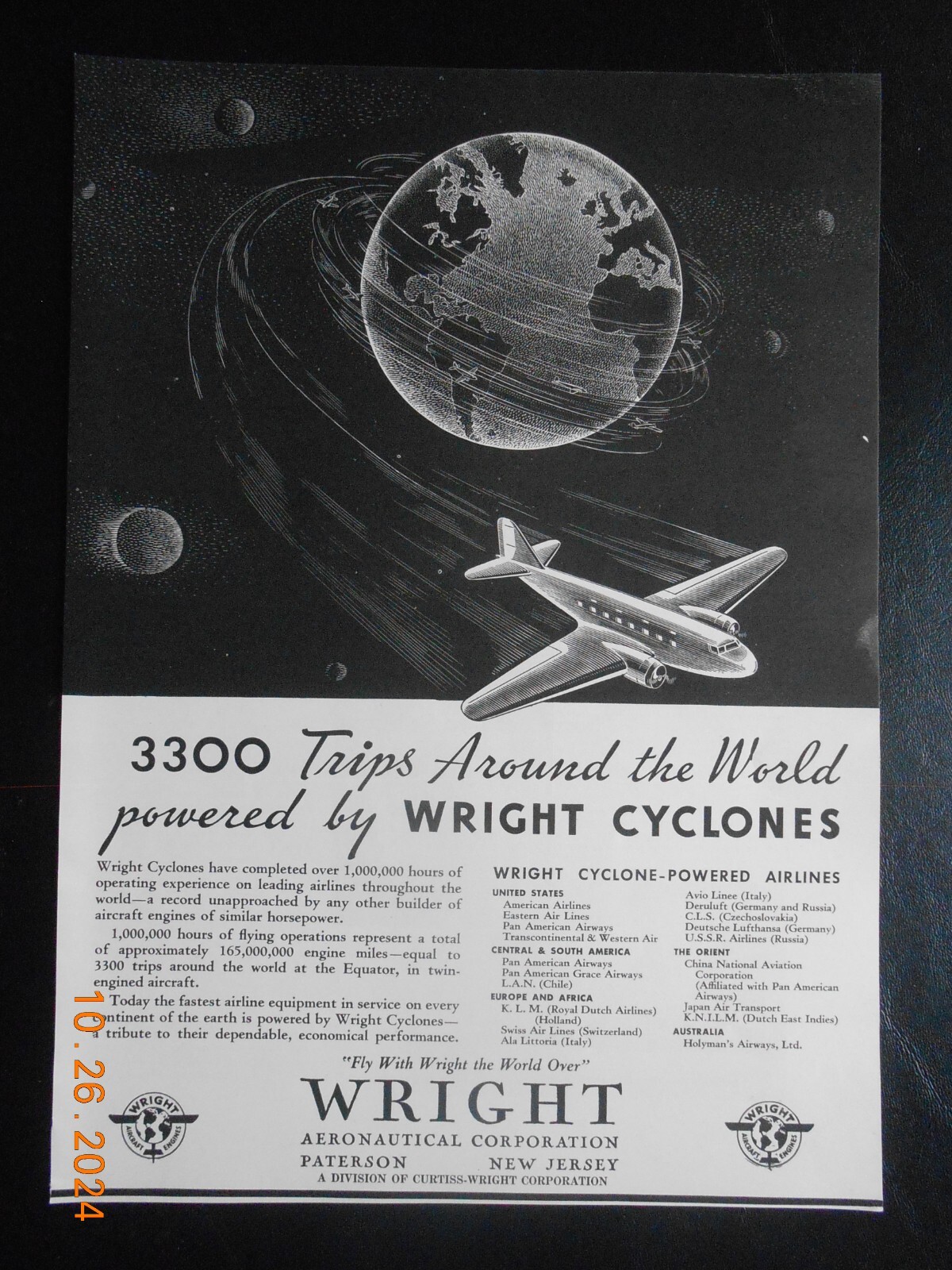 1937 Wright Aeronautical Corp Paterson New Jersey  AD Cyclones 19 Airlines list