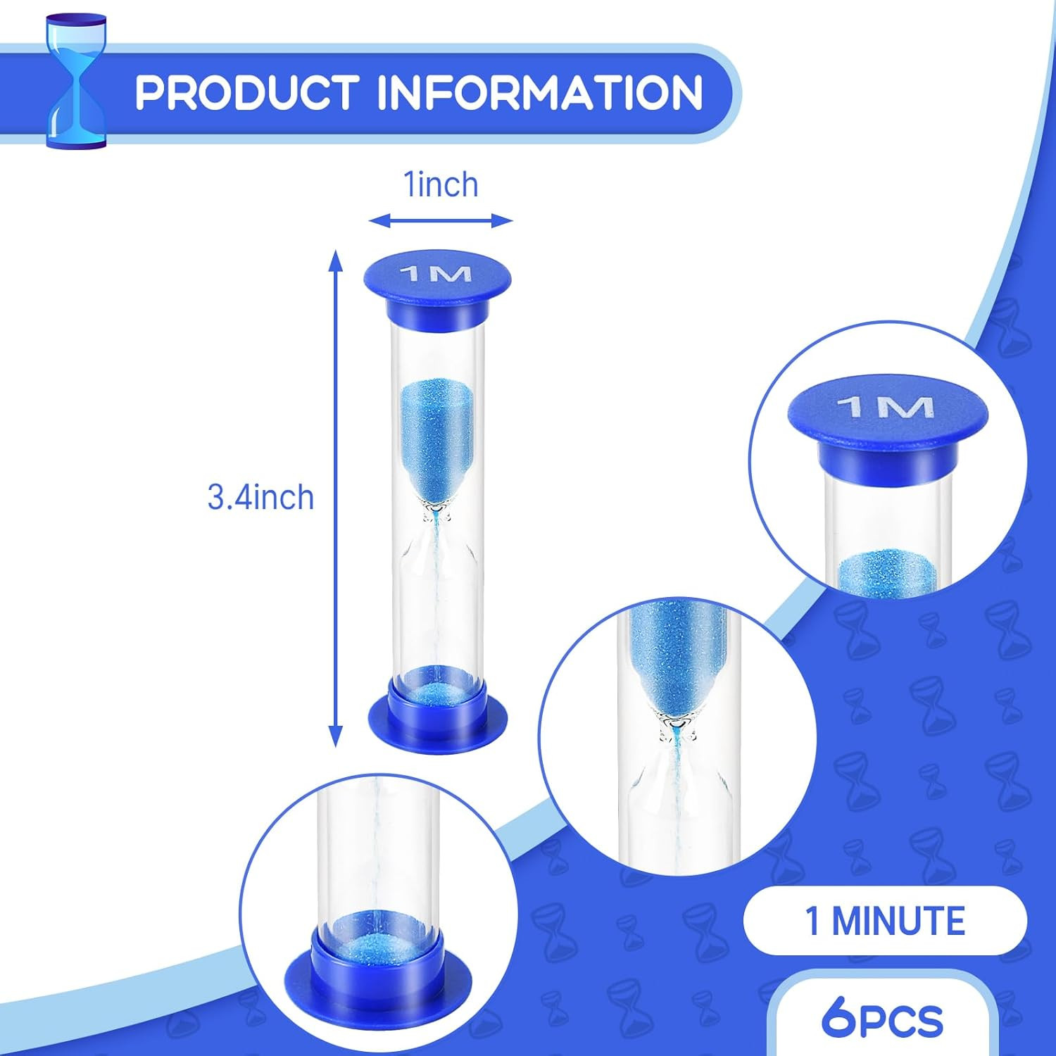 One Minute Sand Timer, 6Pcs Blue Mini Glass Hourglass Timer 1 Minute Sand Clock
