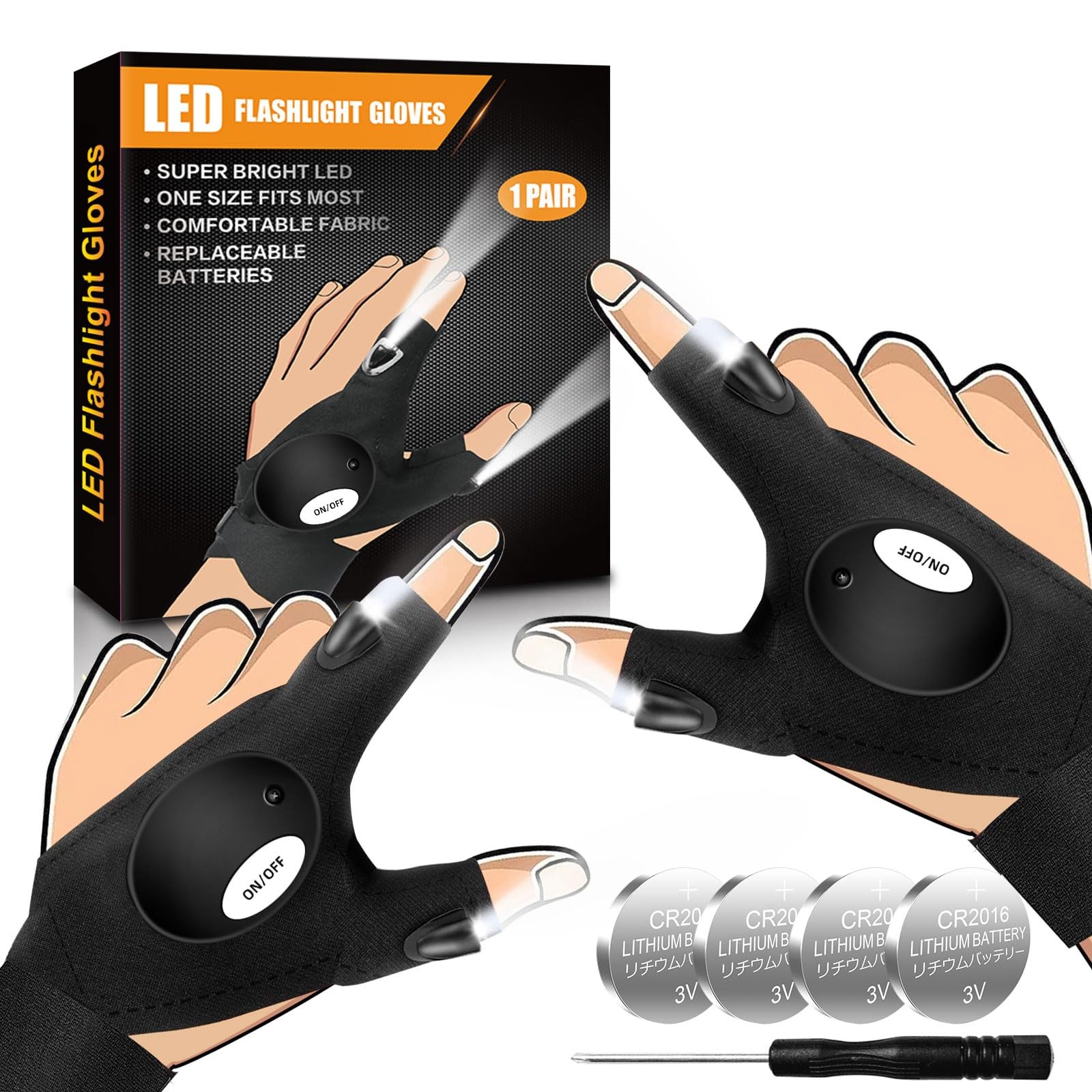Biuonk LED Flashlight Gloves, Fathers Day Mens Gifts for X-Large, Black