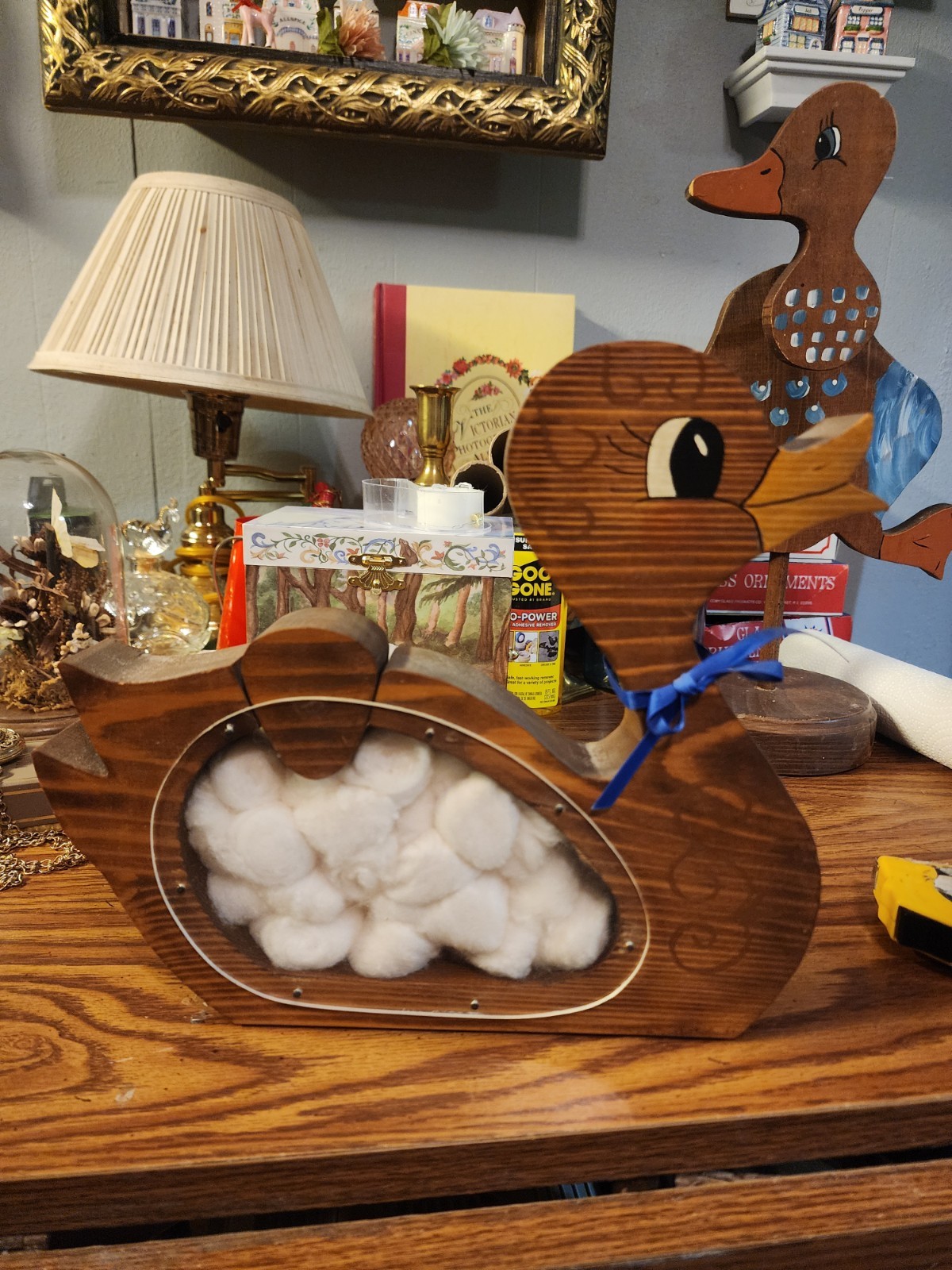 Vintage Wooden Country Duck W/ Ribbon Bow Cotton Ball Holder