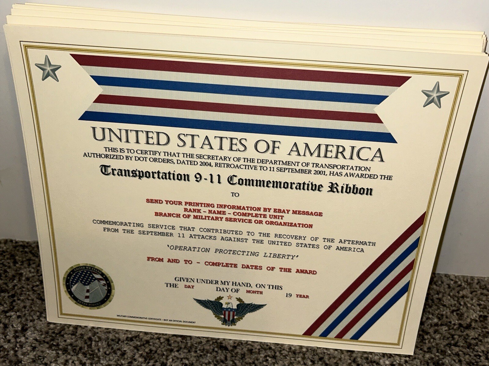 COAST GUARD / TRANSPORTATION 9-11 COMMEMORATIVE CERTIFICATE ~ W/PRINTING TYPE-1