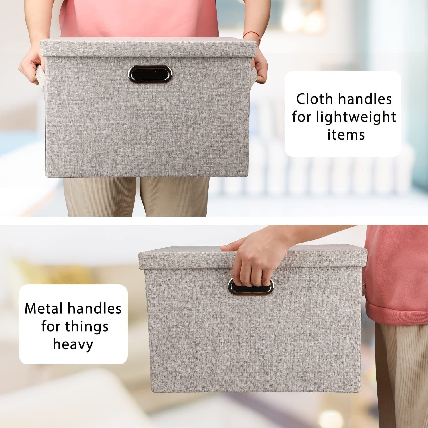 Large 17" 36 Quart Collapsible Stackable Storage Bins with Lids, 5 Packs Beig...