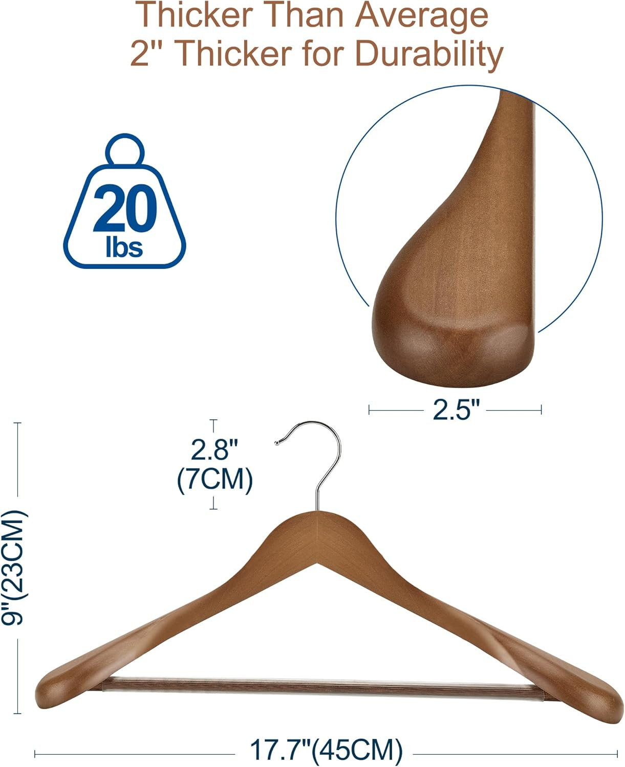 Wide Shoulder Wooden Hangers, Suit Hangers with Non Slip Pants Bar, Smooth Finis