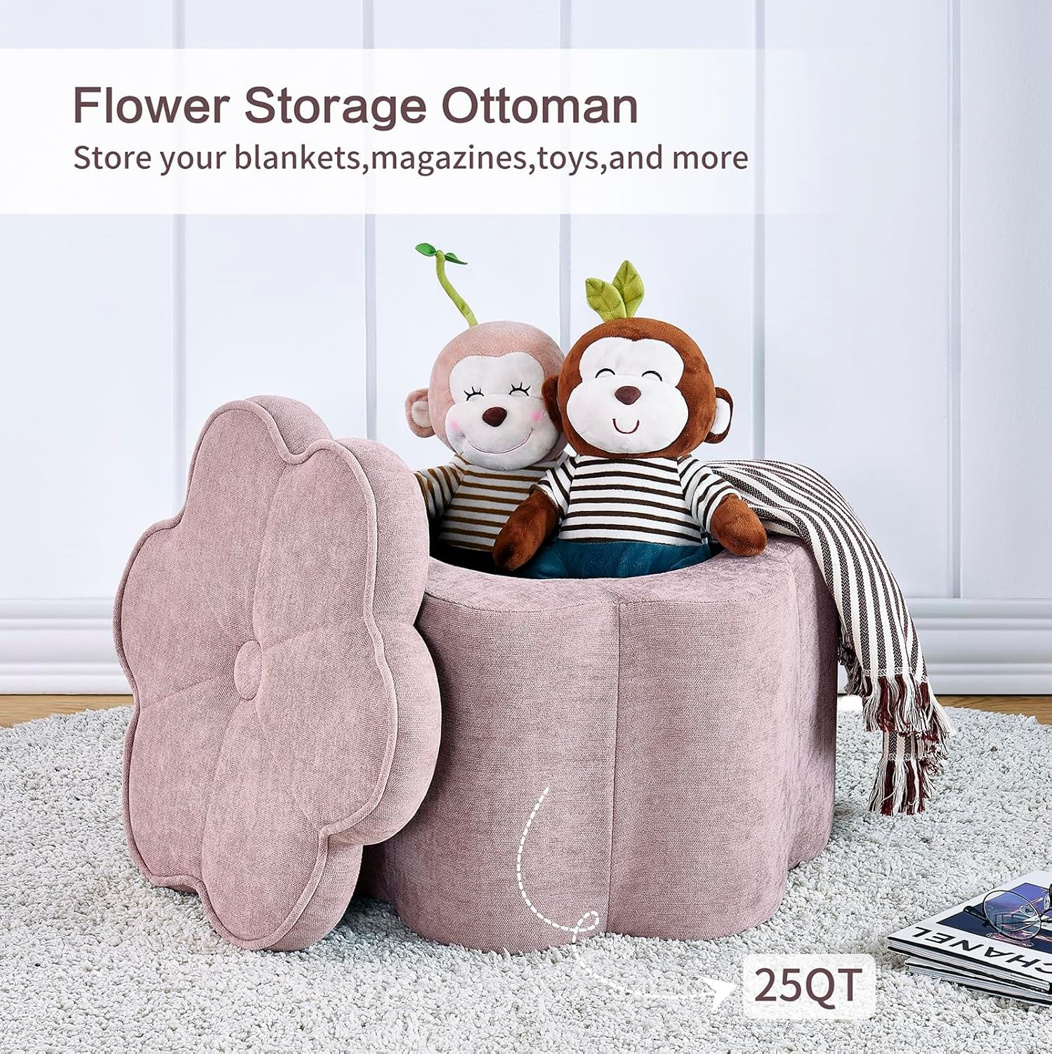 Small Pink Storage Ottoman Flower Shape Chenille Ottoman Pouf