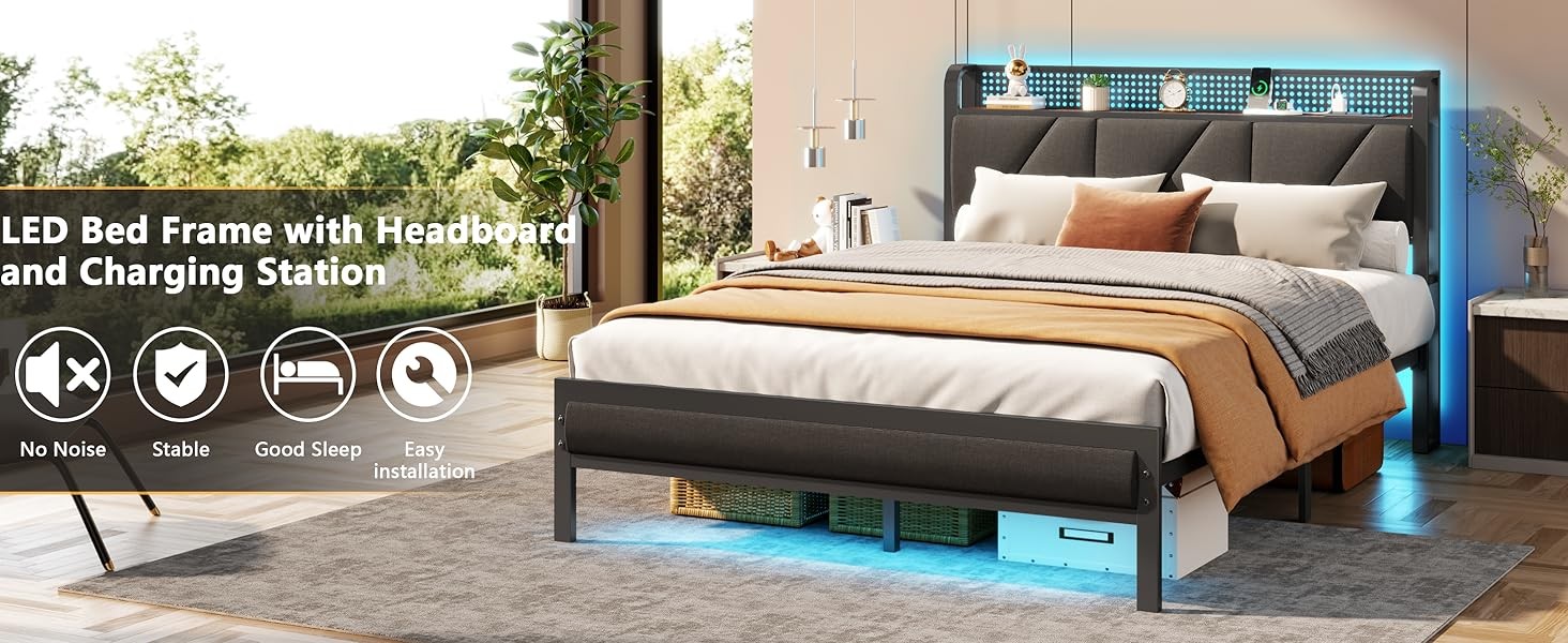 Full Size Bed Fre with Headboard and Stora Shelf, LED Light