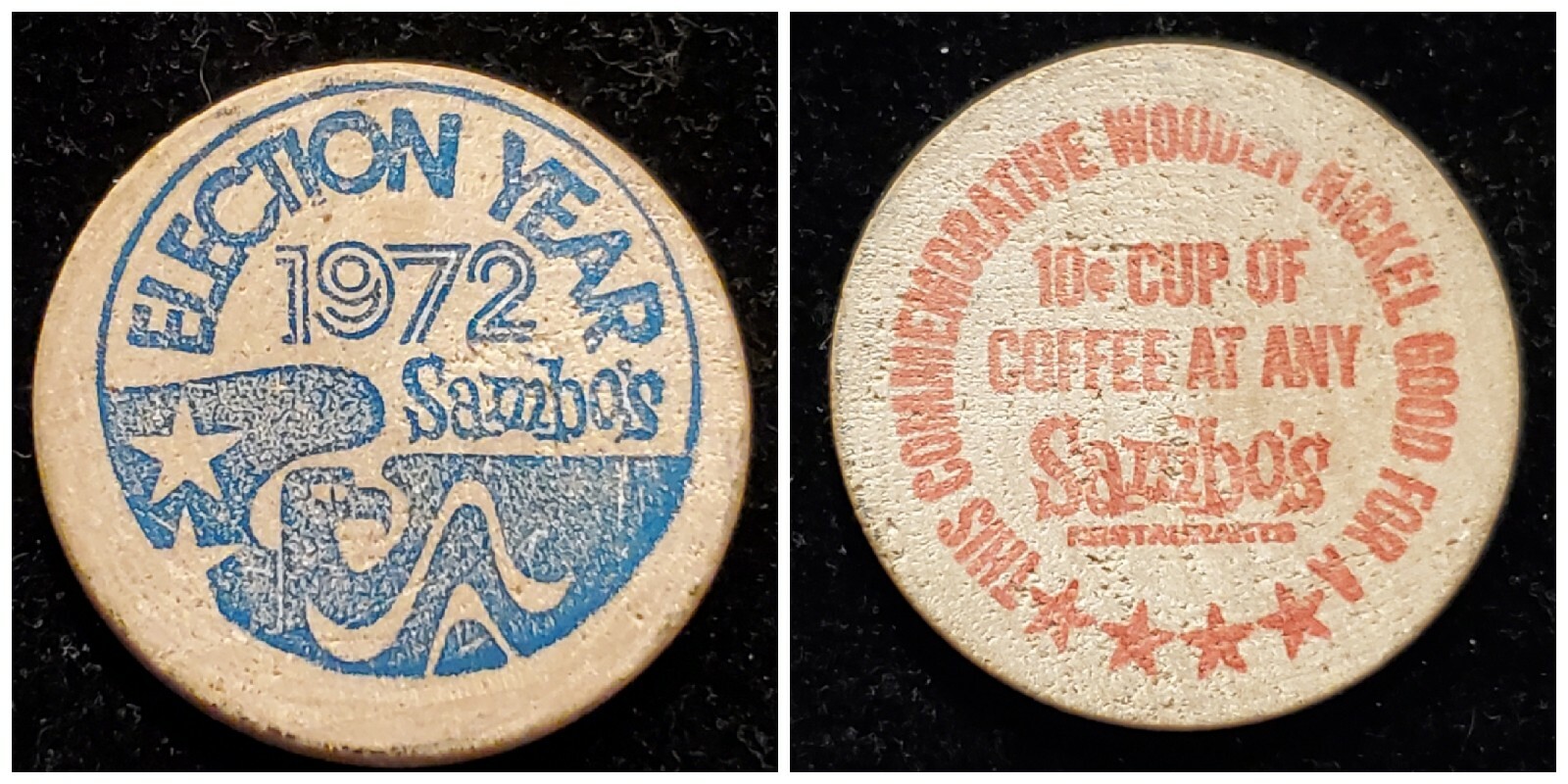 SAMBO'S Wooden Nickel ☆ Election Year 1972 ☆