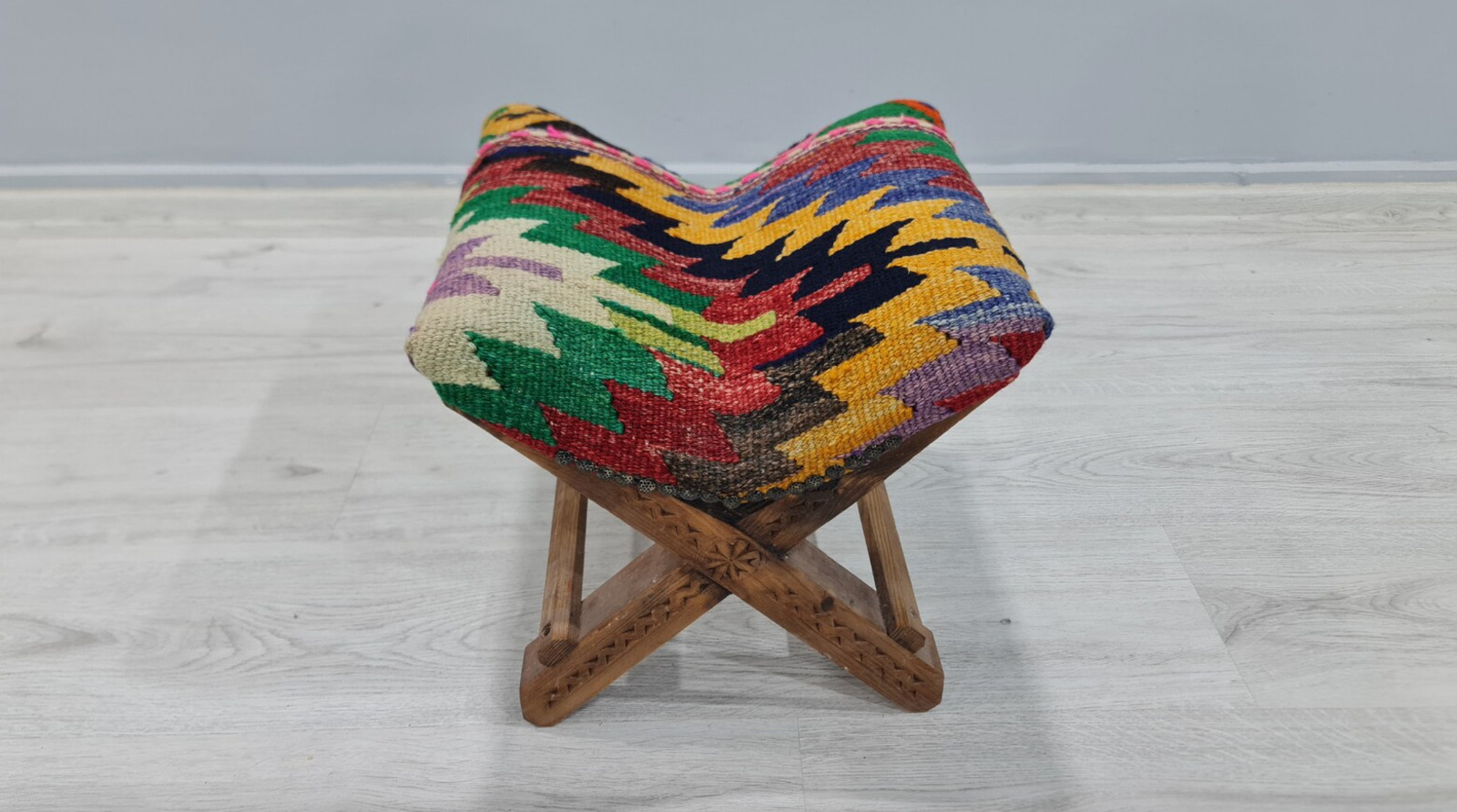 Wooden Stool, Rainbow Stool, Vintage kilim stool, Wooden art, upholstered stool