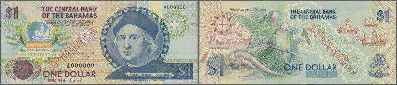 Bahamas 1 DOLLAR P-50 1492-1992 Commemorative COLUMBUS UNC Rare SPECIMEN NOTE