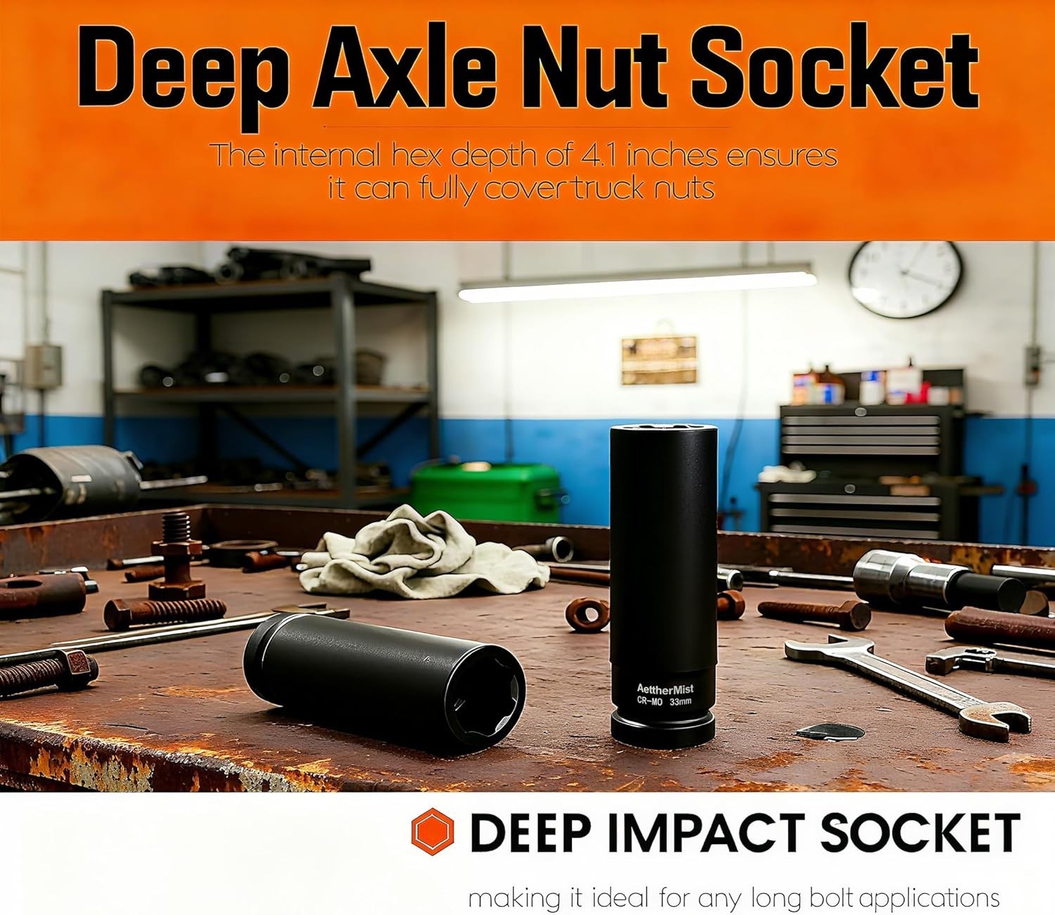 1 Inch Driver 33mm Extra Deep Impact Socket, 6.3 inch Length Deep Axle Nut So...
