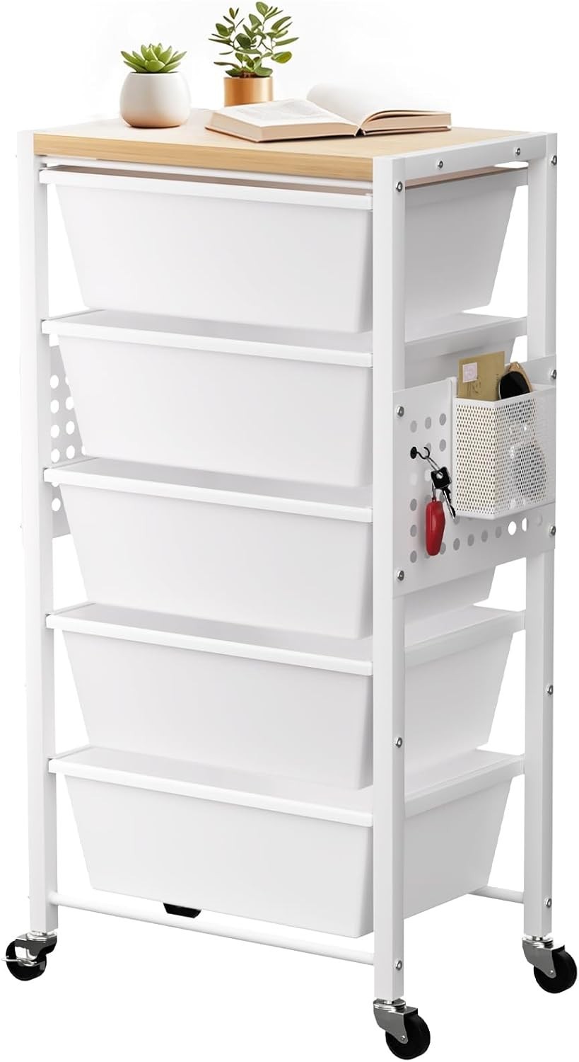 Bright White Utility Cart with 5 Drawers and Pegboards for Versatile Storage