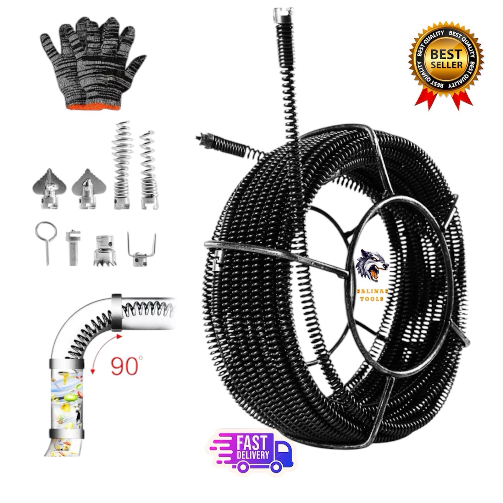 Sectional Drain Cleaning Cable 50FT x5/8ln & 6 Cutters Fits RIDGID