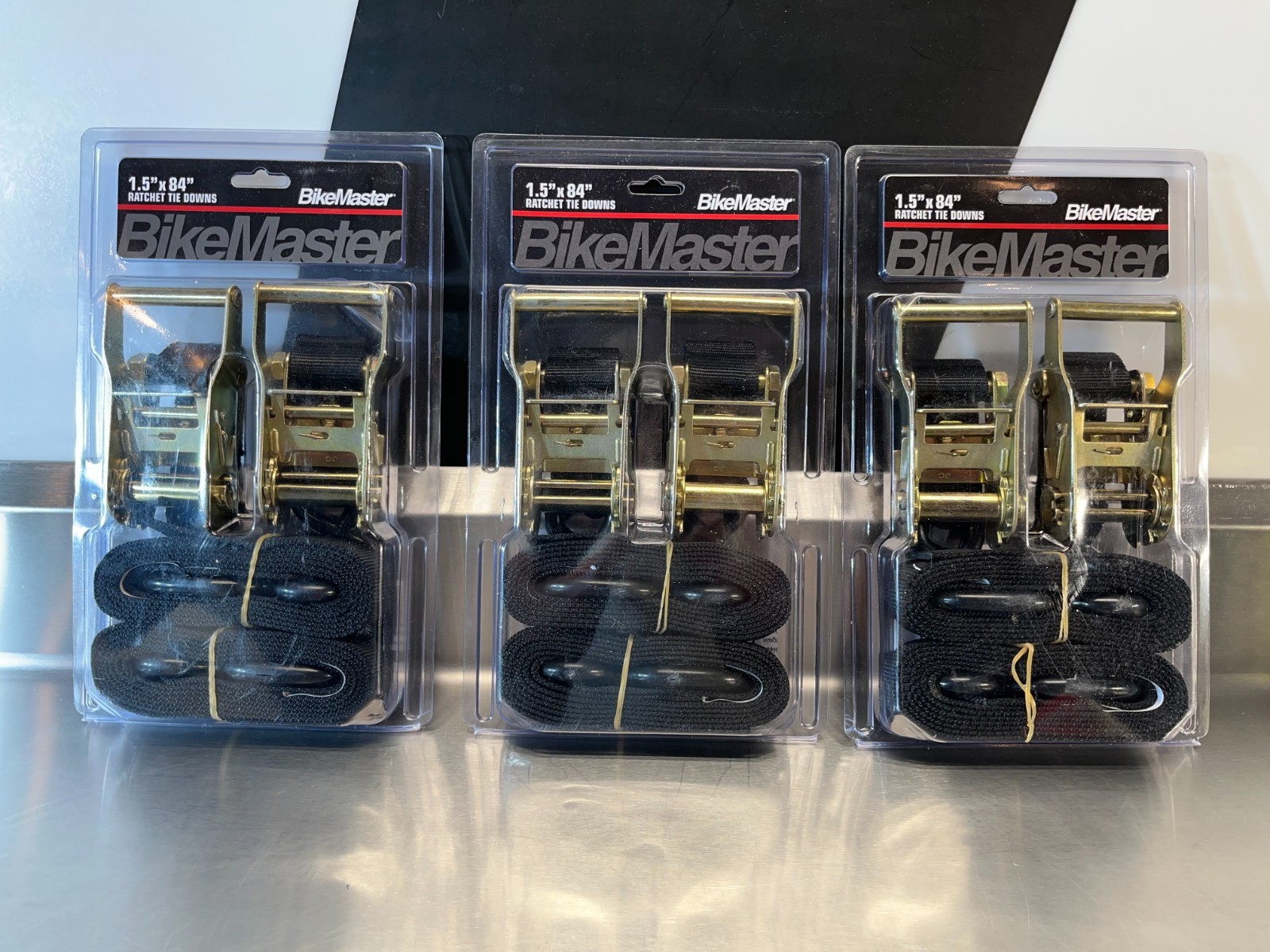 BikeMaster Tiedown 1.5" x 84" Ratchet in Black 3 Pack 100529