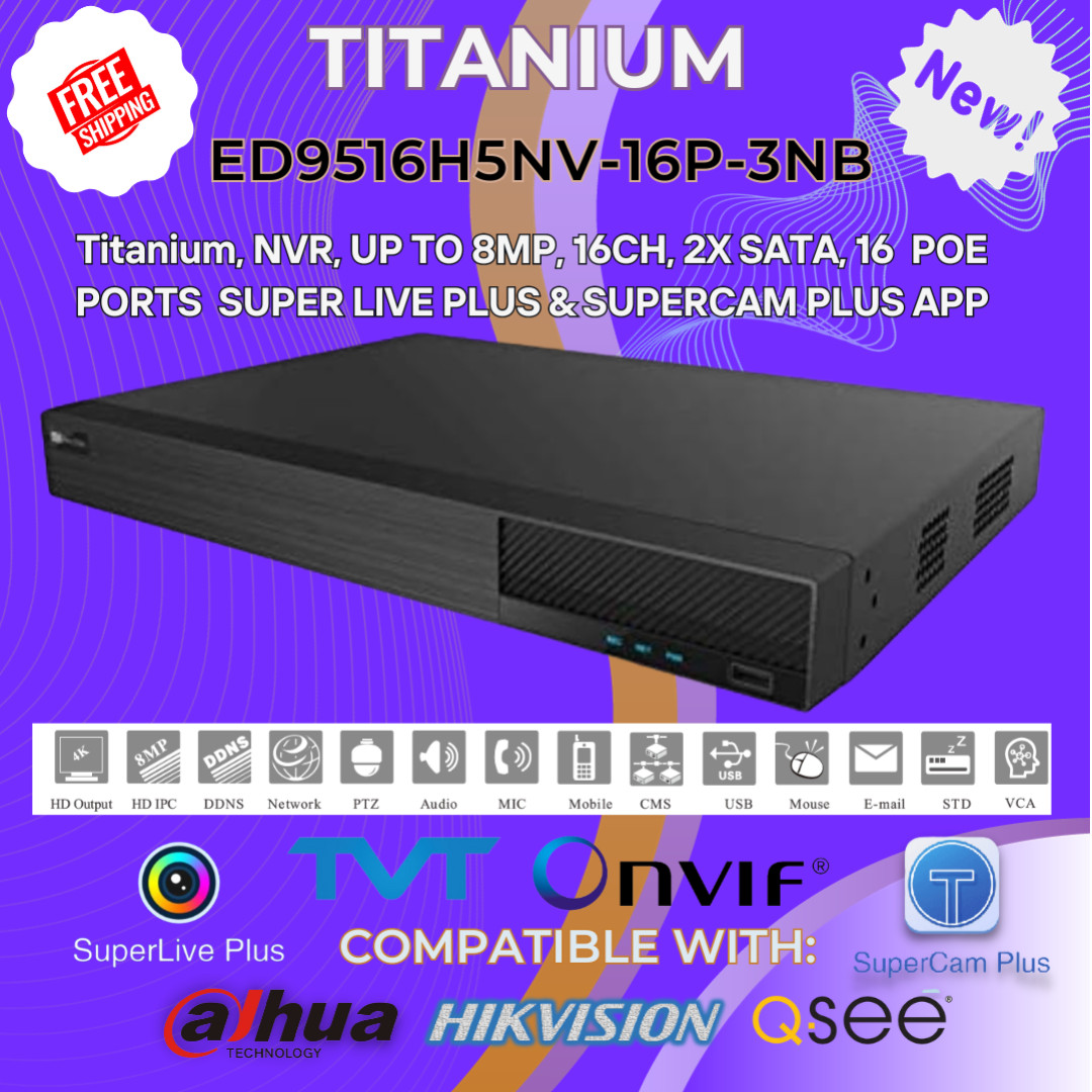ED9516H5NV-16P-3NB TITANIUM/TVT  16CH POE 4K NVR 2 SATA  (No HDD) up to 8MP