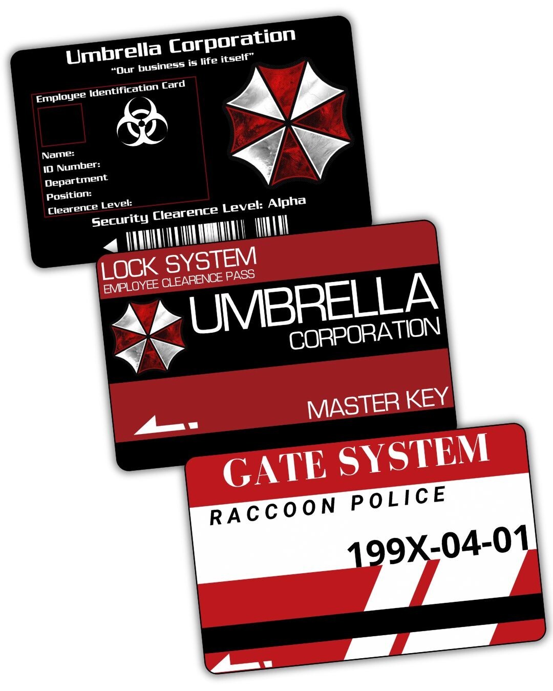 Set of 3 Resident Evil Key Card's Pack Card Keys Collection PVC RPD Umbrella