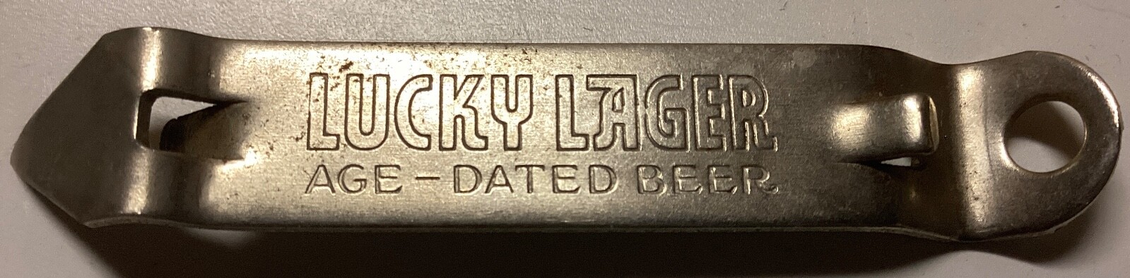 Vintage Lucky Lager Age Dated Beer Can Bottle Opener Church Key Vaughan USA 60