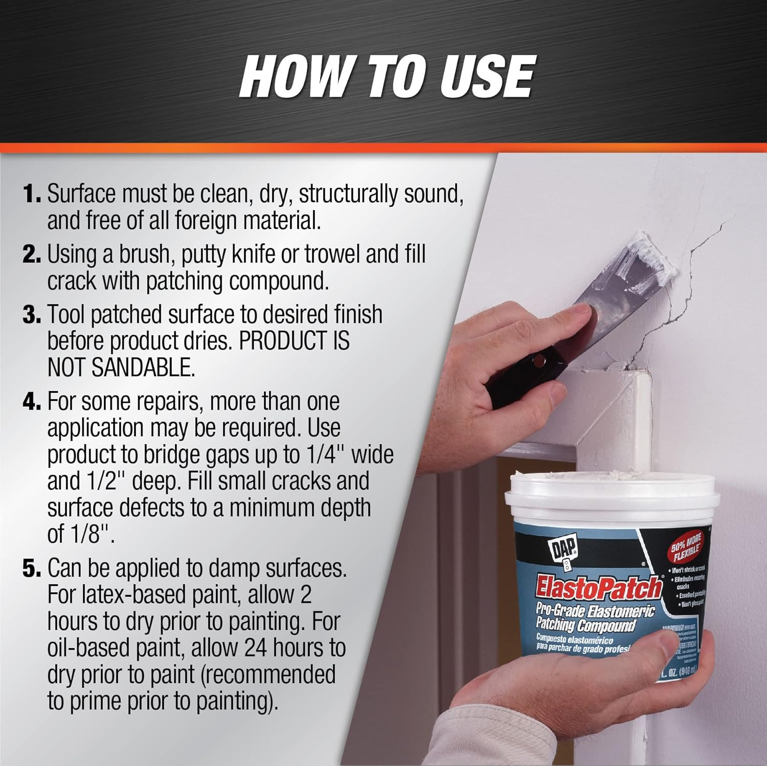 Elastopatch Smooth Flexible Patching Compound, White, 32 Oz (7079812278)