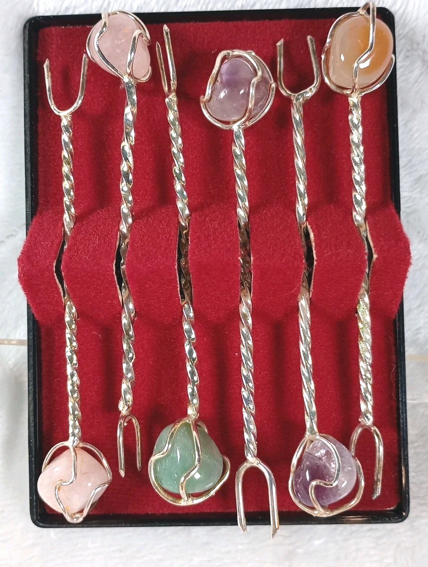 Set of 6 Silver Semi-Precious Gemstone Hors d'Oeuvre Appetizer Forks