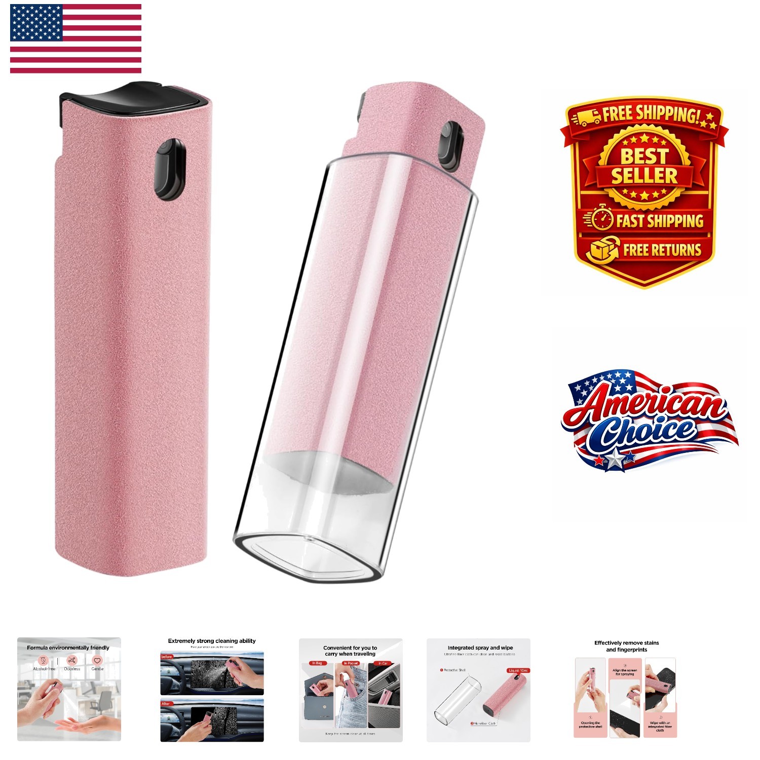 Elegant Pink Spray & Wipe Screen Cleaner with Protective Shell - For All Screens