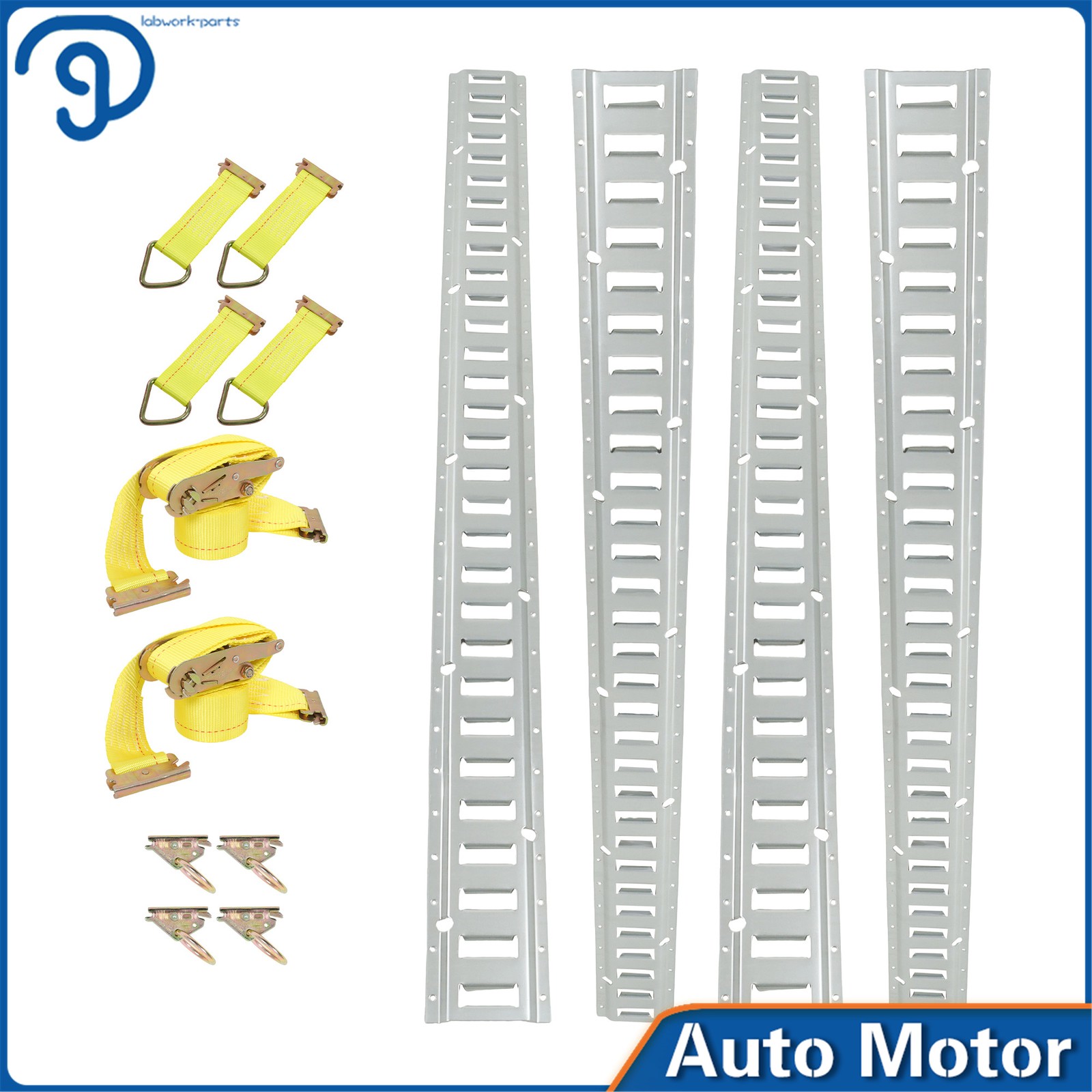 4×5' E Track Rails 2× Etrack Ratchet Straps 4× O Rings 4× Rope Tie Offs