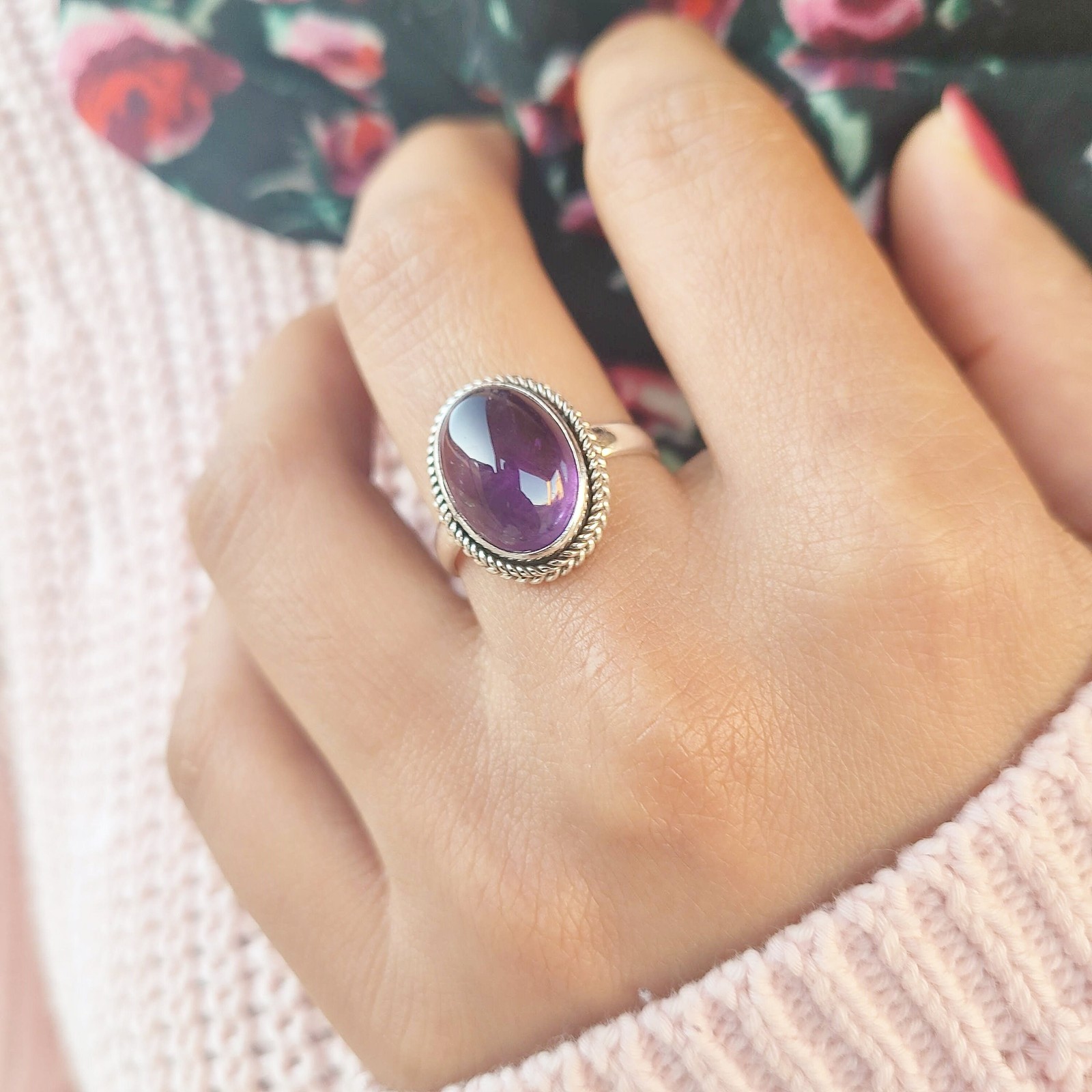 Natural Amethyst Ring 925 Sterling Silver | Handmade Boho Purple Gemstone Ring