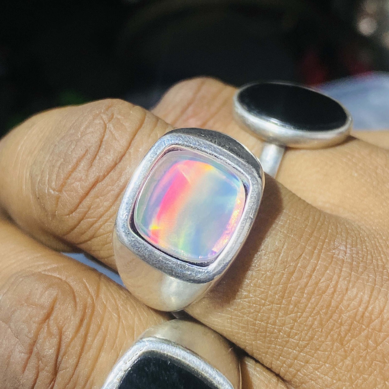 Aurora Opal Square Men' Stylish Band Ring for Men Solid 925 Sterling Silver Ak12