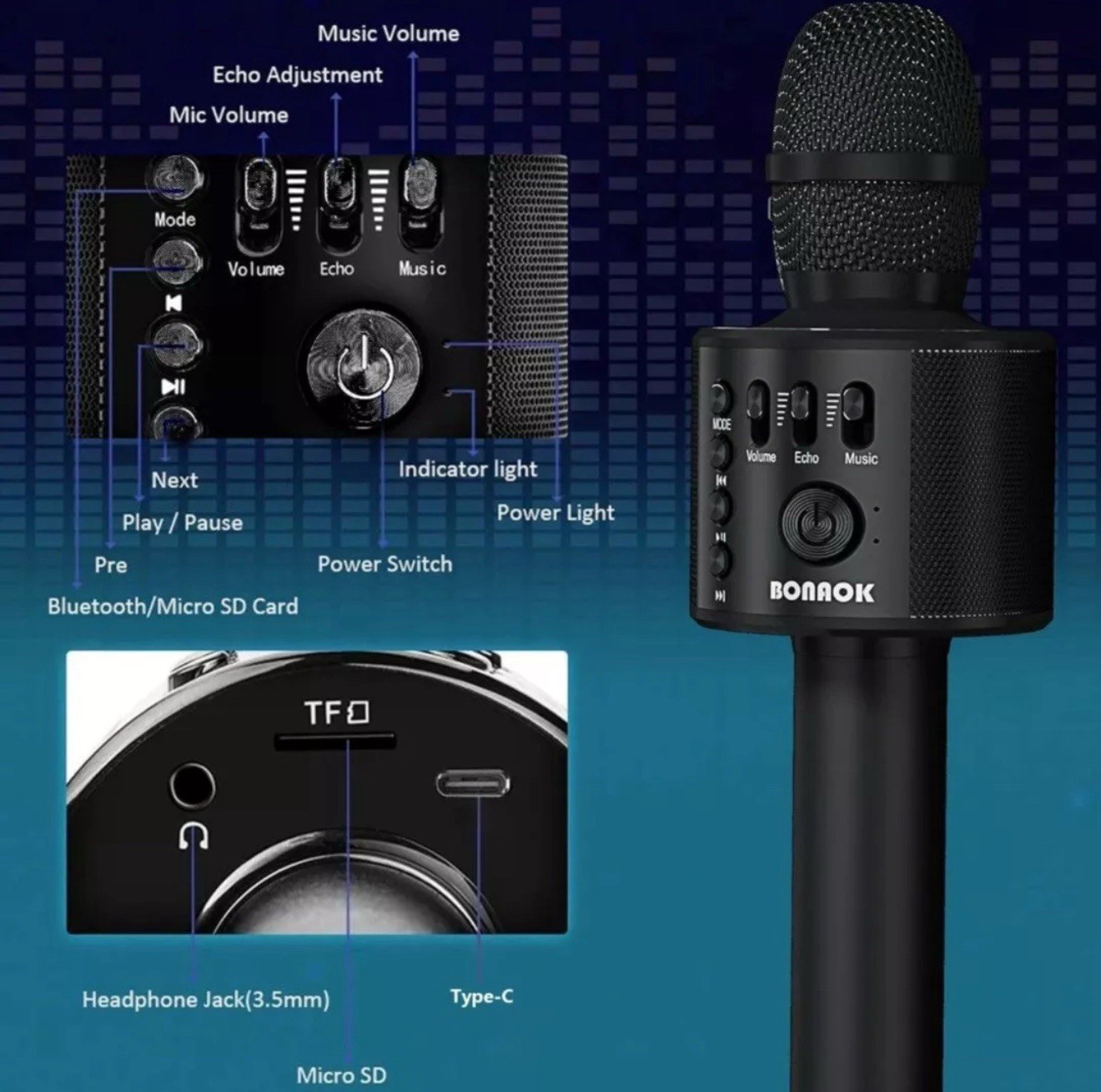 BONAOK Wireless Bluetooth Karaoke Microphone,3-in-1 Portable Handheld, Black