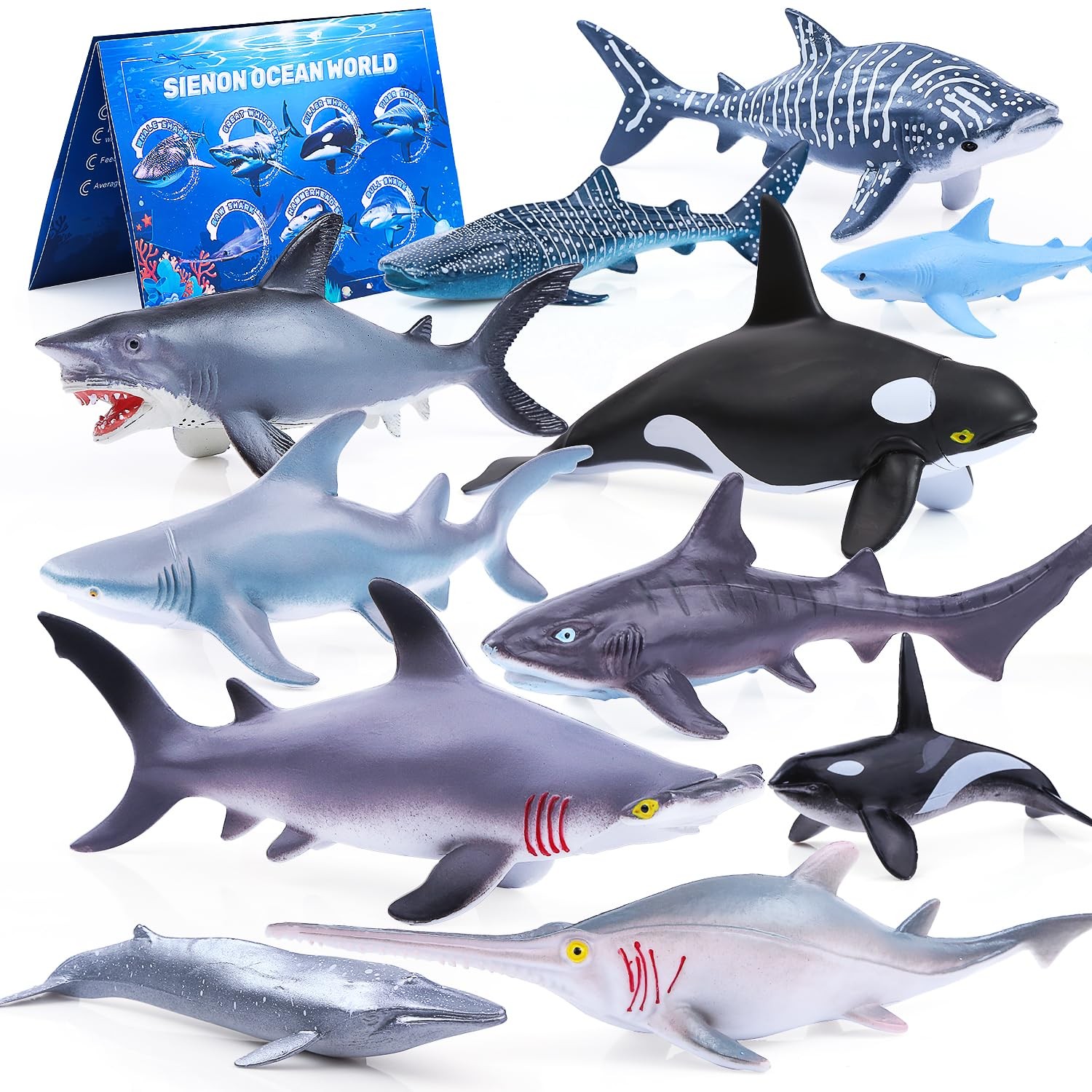 11Pcs Shark Figures with Booklet, Realistic Shark Toys, 7Pcs 5.5” Lifelike Sea C