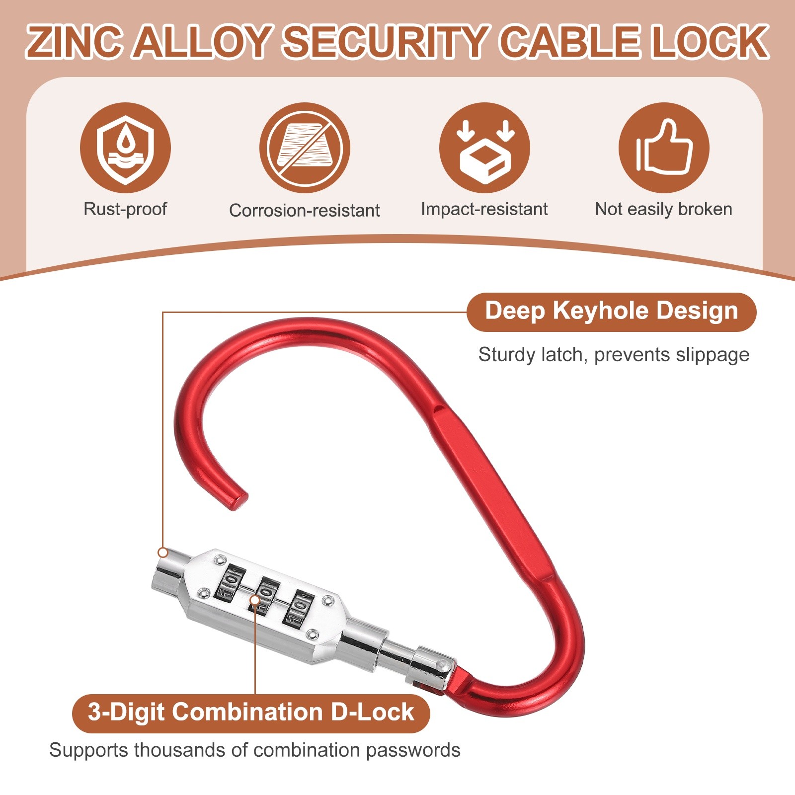 2 Pcs 4.8" x 2.4" D-Shaped 3-Digit Code Combination Lock D-Ring Clip, Red