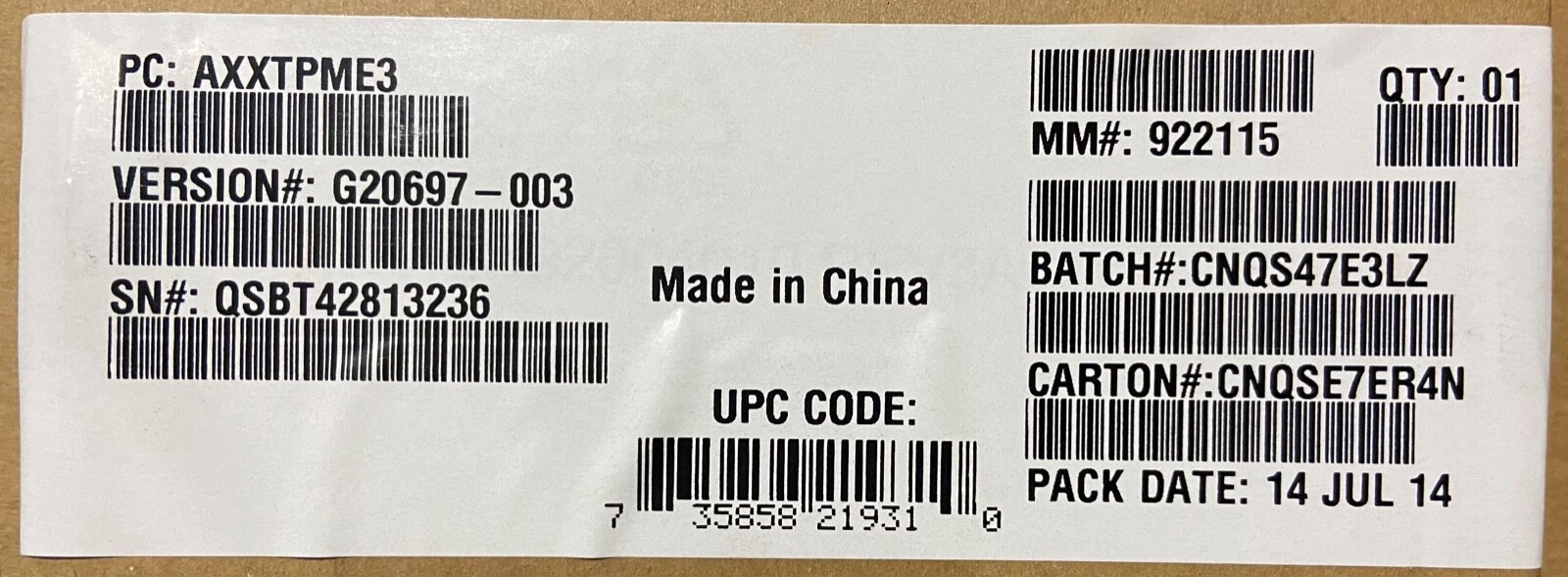 Intel AXXTPME3 Trusted Platfrom Module for E3 based boards and systems NEW