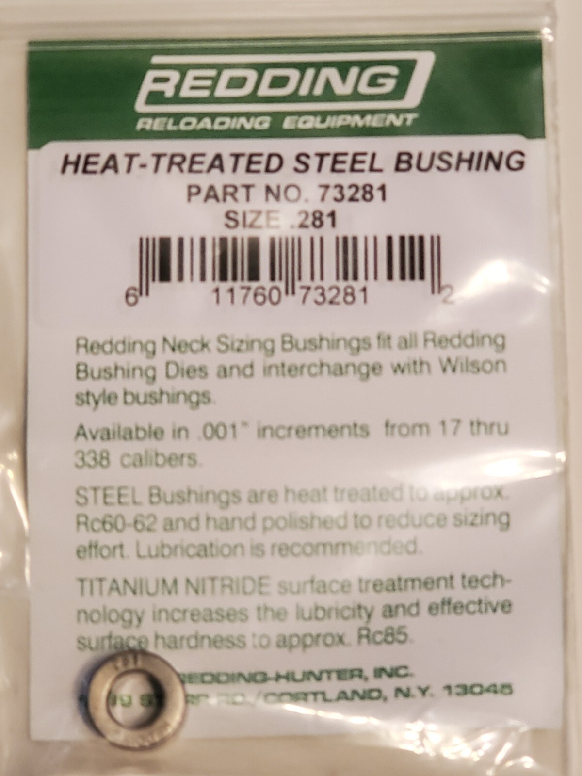 73281 REDDING HEAT TREATED STEEL .281 NECK SIZE BUSHING - BRAND NEW - FREE SHIP