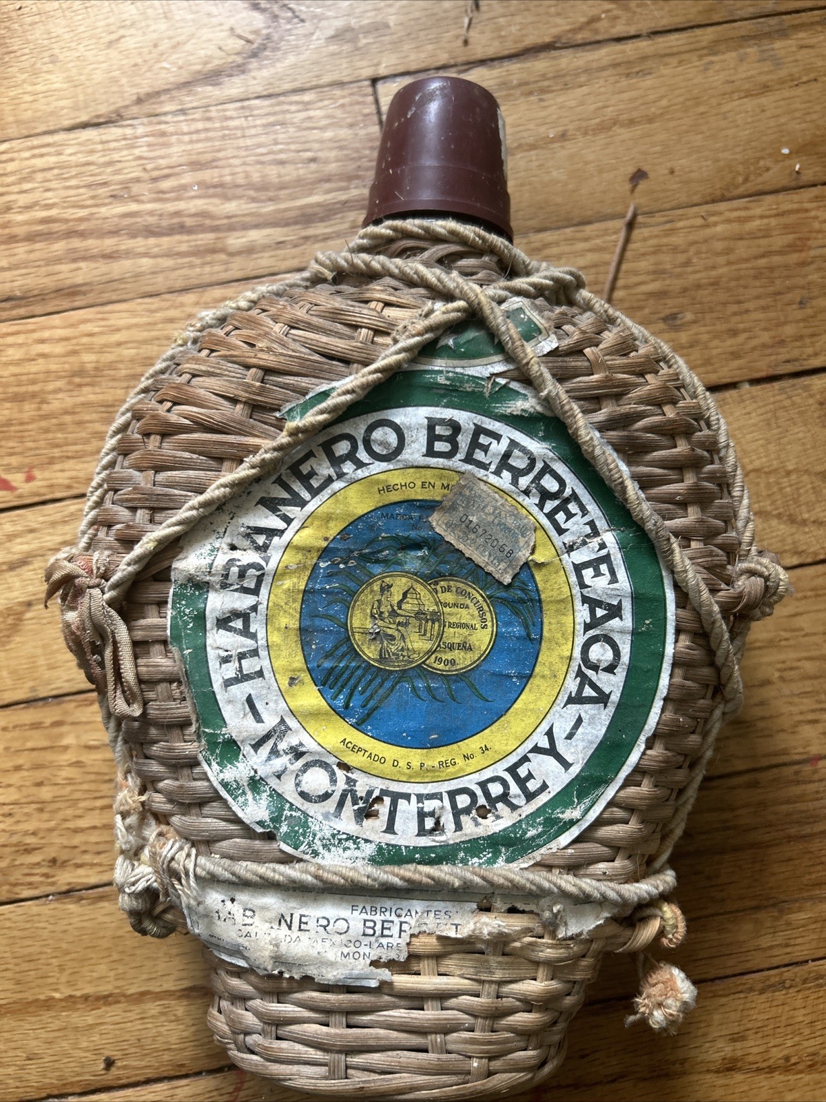 Vintage Bottle Berreteaga Habanero Wicker Covered Bottle Mexico EMPTY