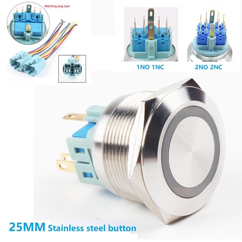 25mm Metal Stainless steel Ring LED 1NO 1NC/2NO 2NC 4A 10Pin push button switch