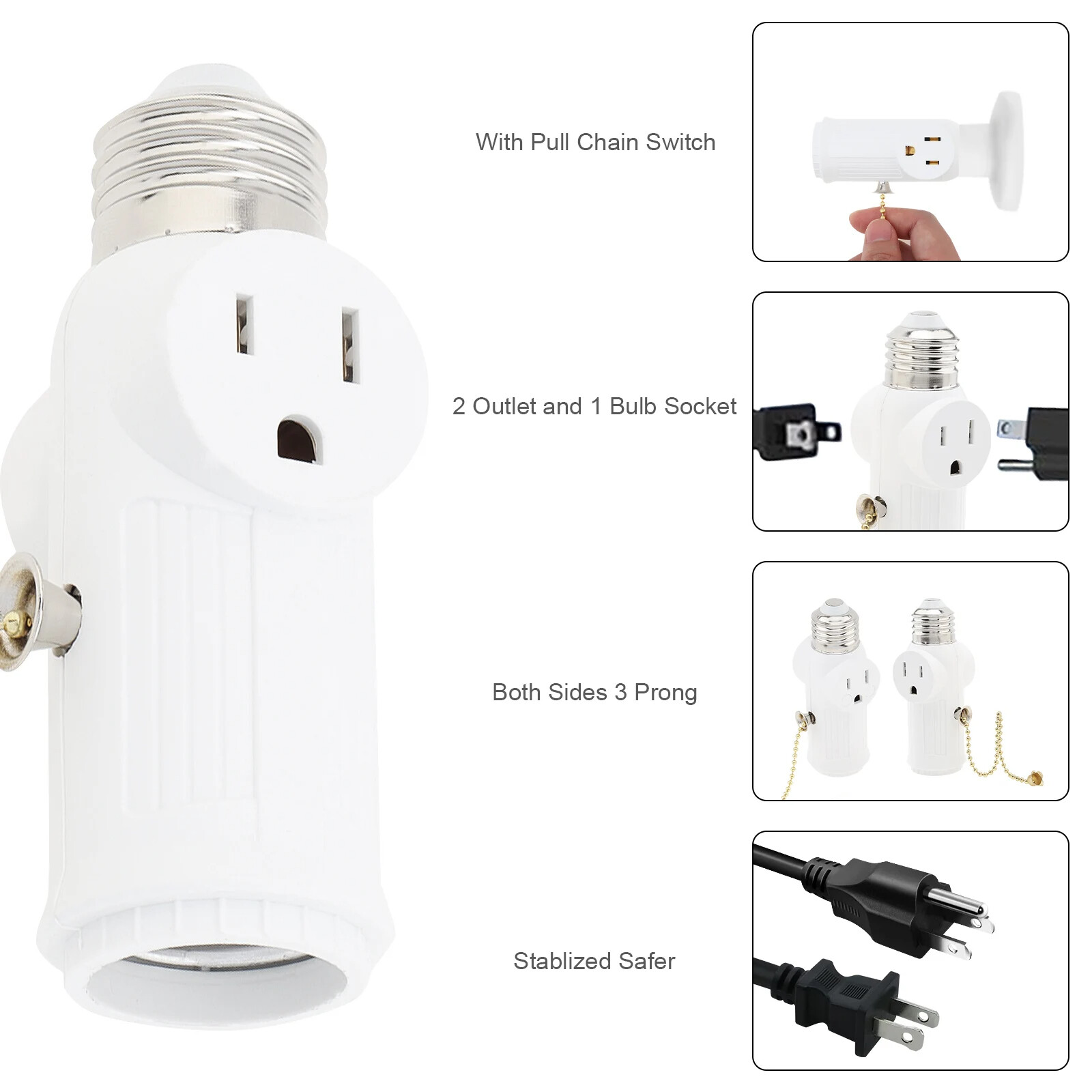 E26/E27 Light Socket to Plug Adapter 2/3 Prong Light Bulb Outlet Plug Converter