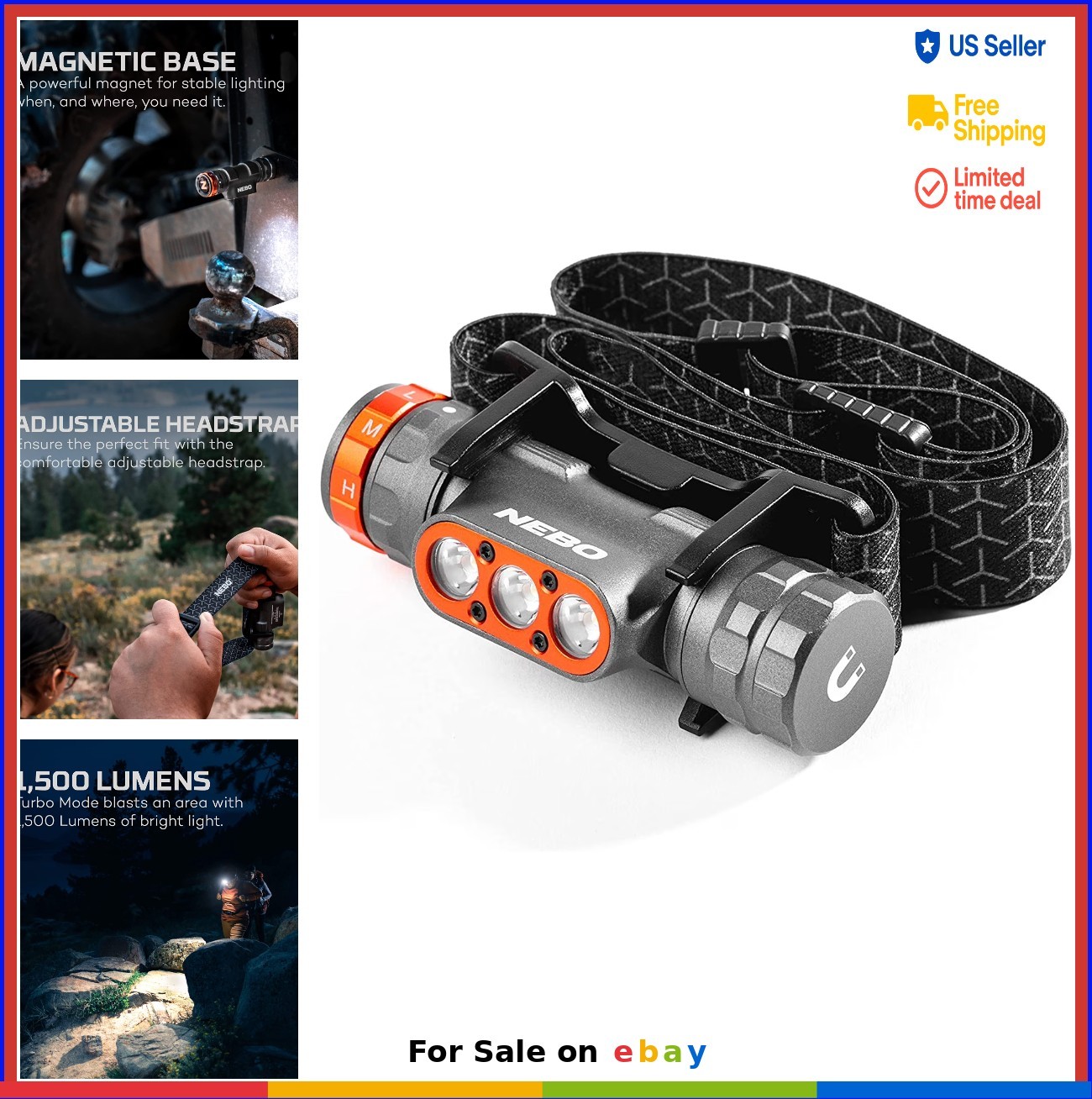 1500 Lumen LED Rechargeable Headlamp USB-C Turbo Mode Selector Dial