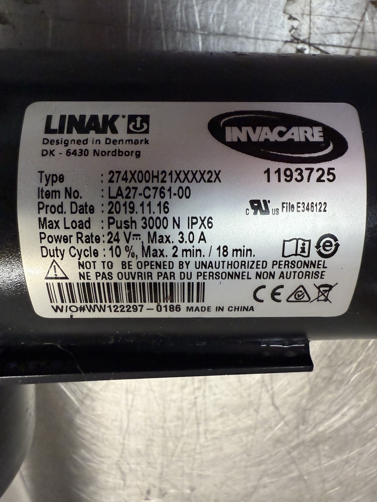 LINAK LA27-C761-00 INVACARE 1193725 HOSPITAL BED ACTUATOR INCLINE LIFT MOTOR/ARM