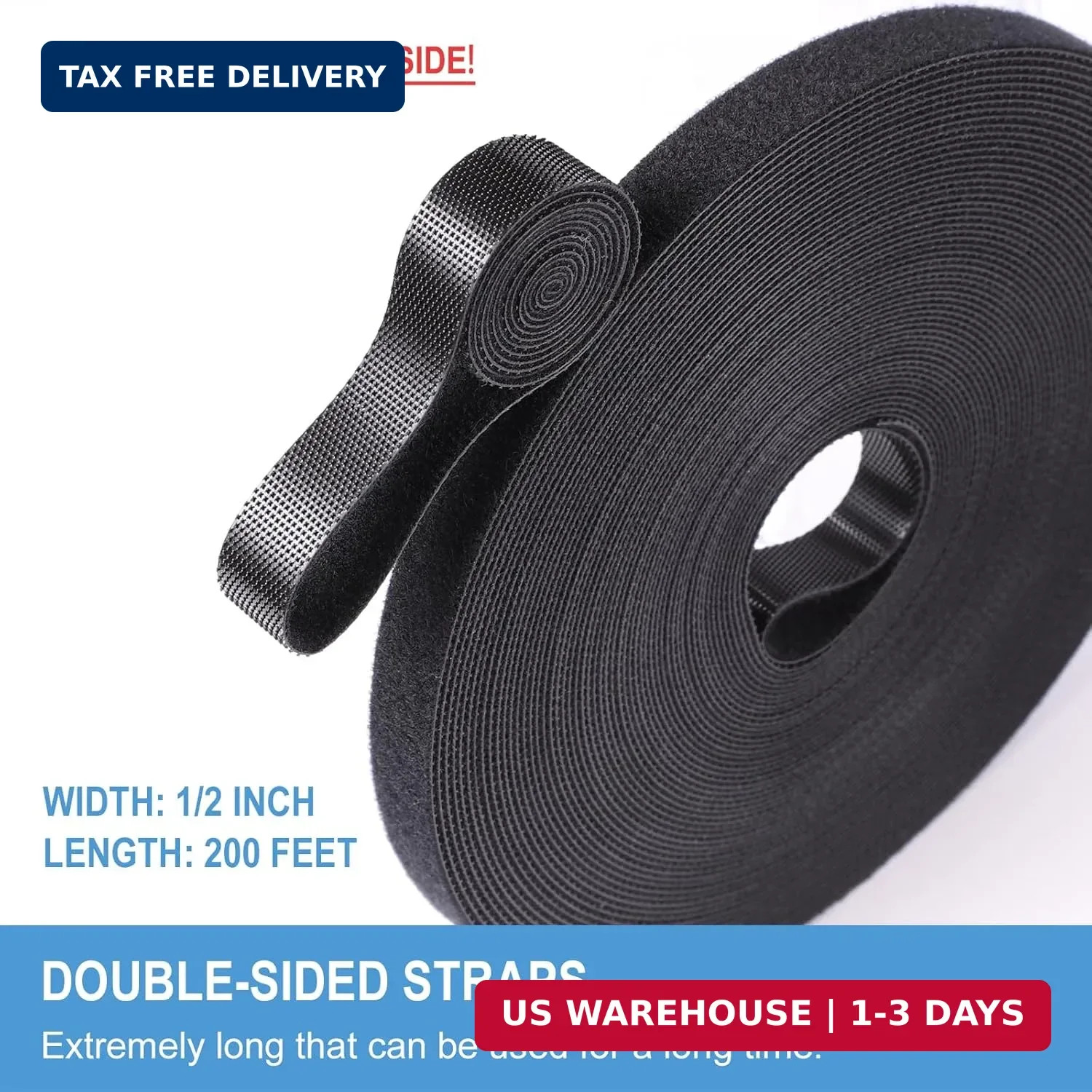 1/2in x 200ft Hook and Loop Roll | Double-Sided Strips, Self-Gripping Straps | R