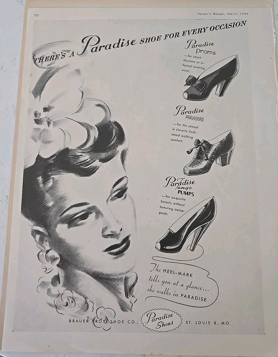 1944 Womens Paradise Proms Pumps Paraders Shoes Vintage Fashion Art ad