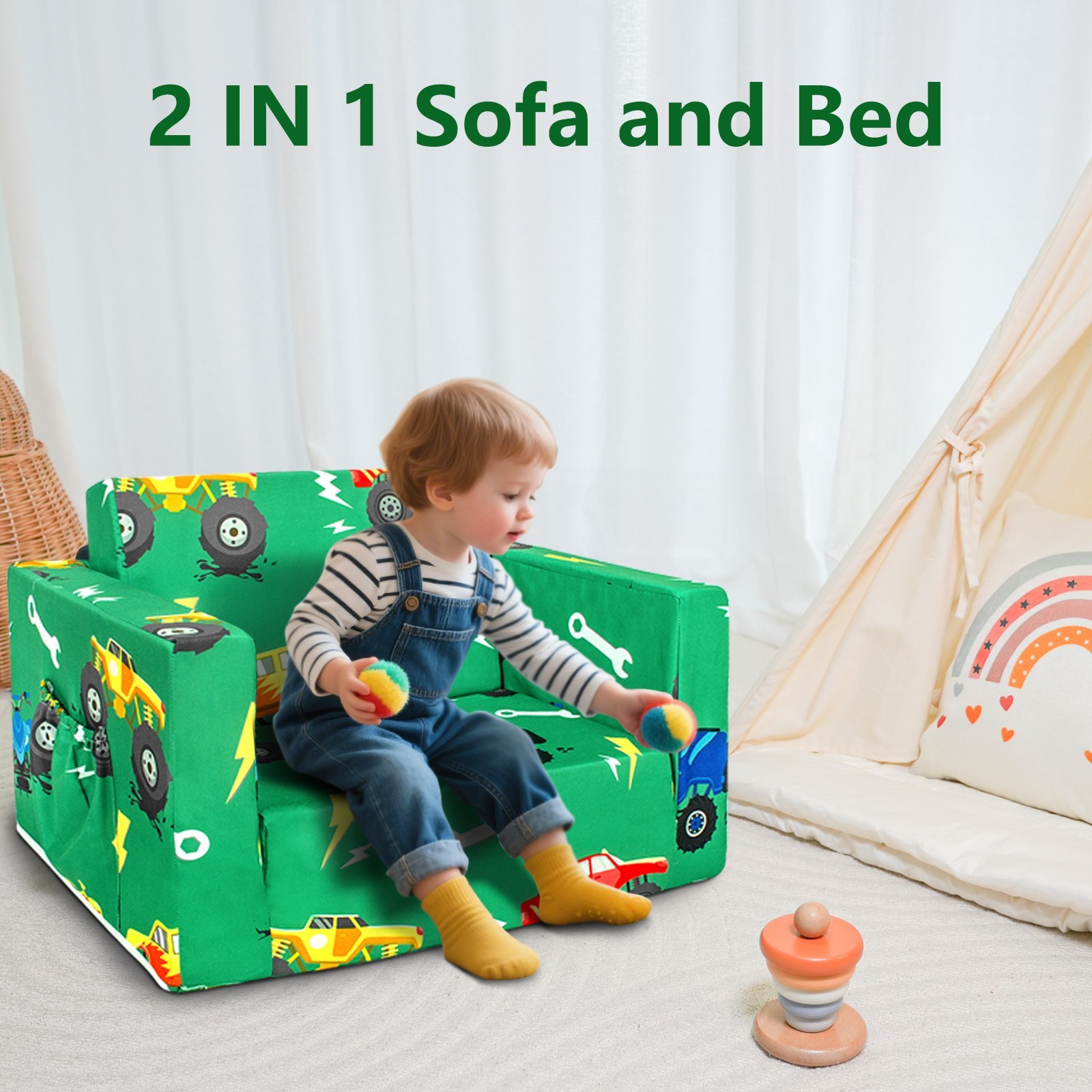 Zenkitch Toddler Sofa, 2-in-1 Cars Flip Open Toddler Couch, with Side Pocket