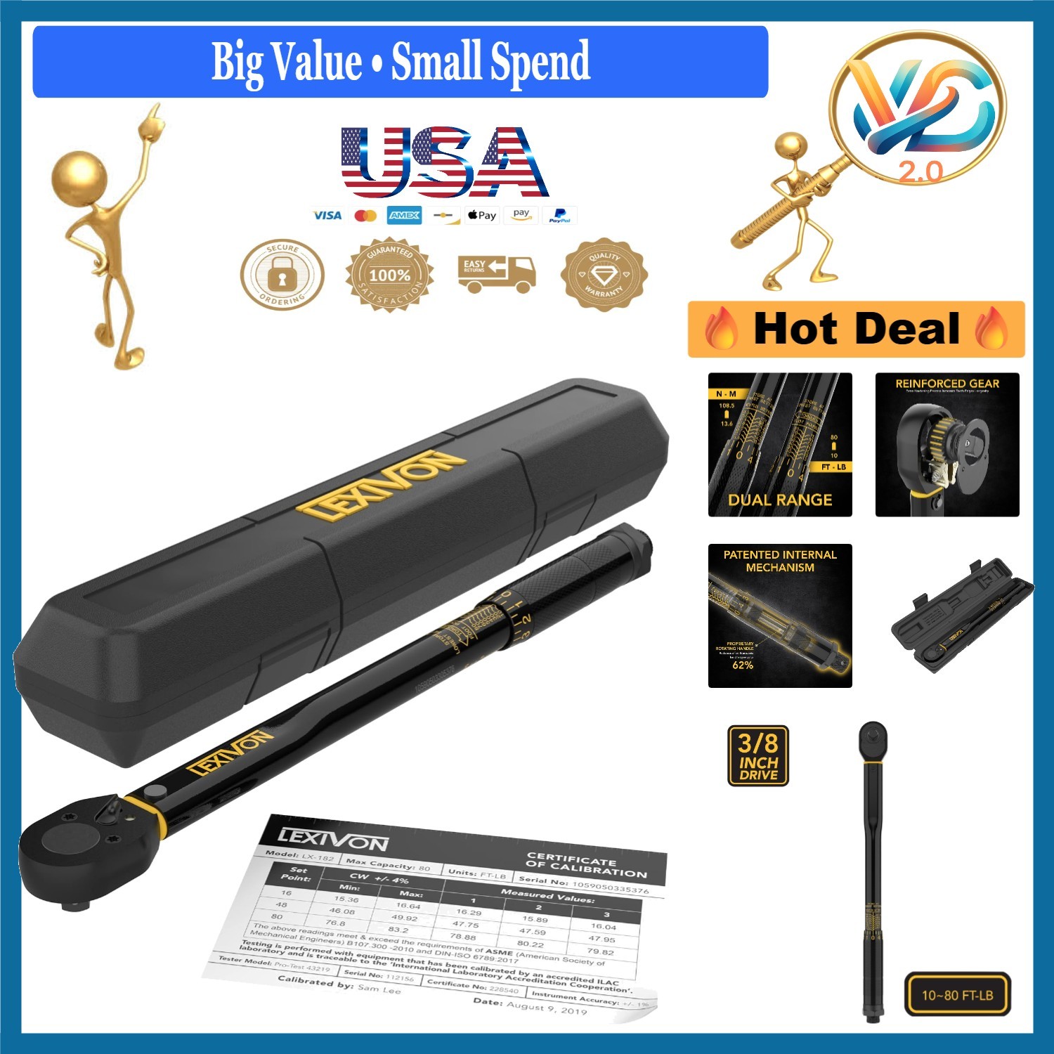 Lexivon 3/8-Inch Drive Click Torque Wrench 10-80 Ft-Lb Chrome Steel