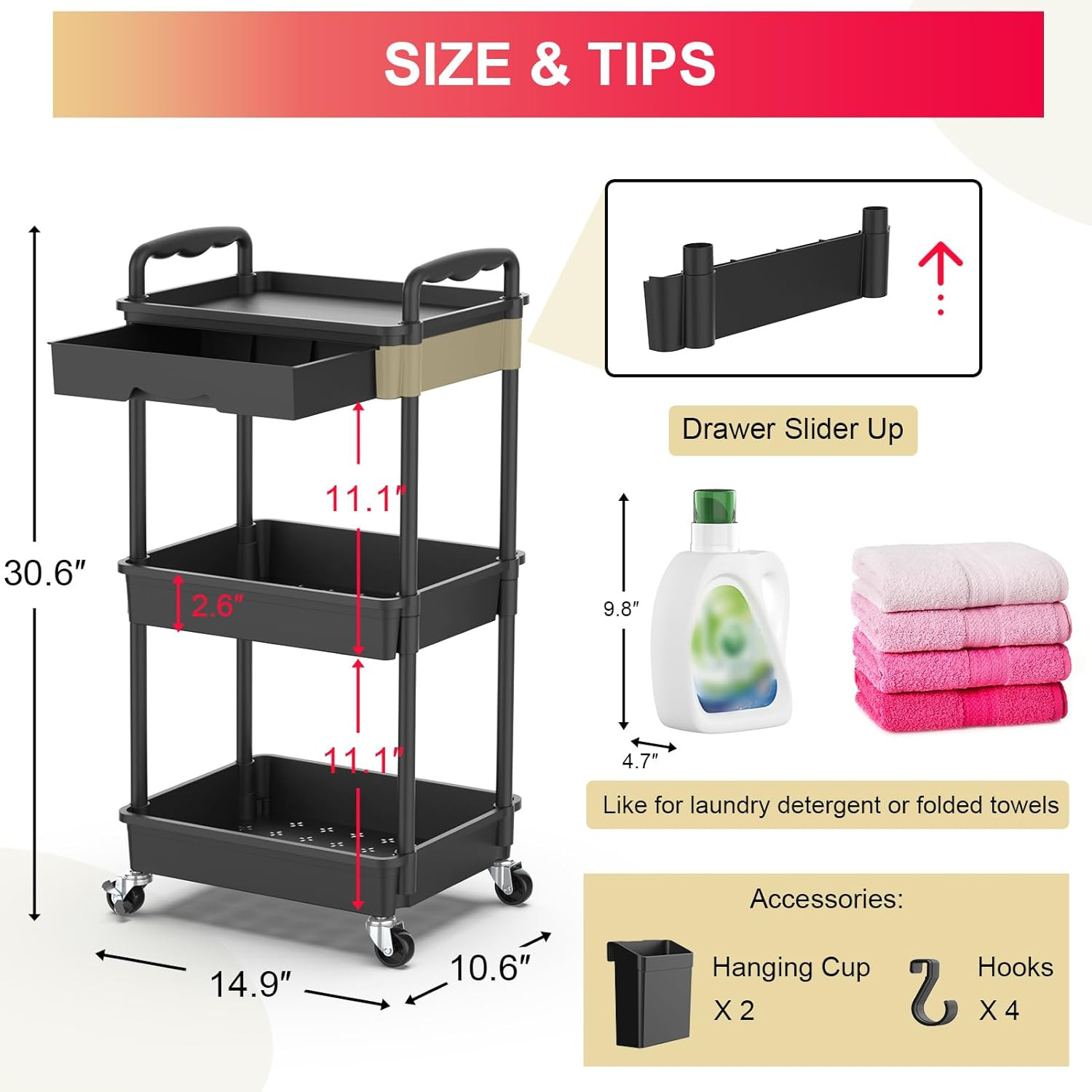 3 Tier Rolling Utility Cart Organizer with Removable Drawer, Stable and Sturdy B