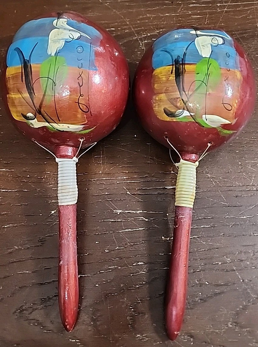 Vintage Pair Maracas Hand Painted Wood Rumba Shakers Mexico Spelled Out