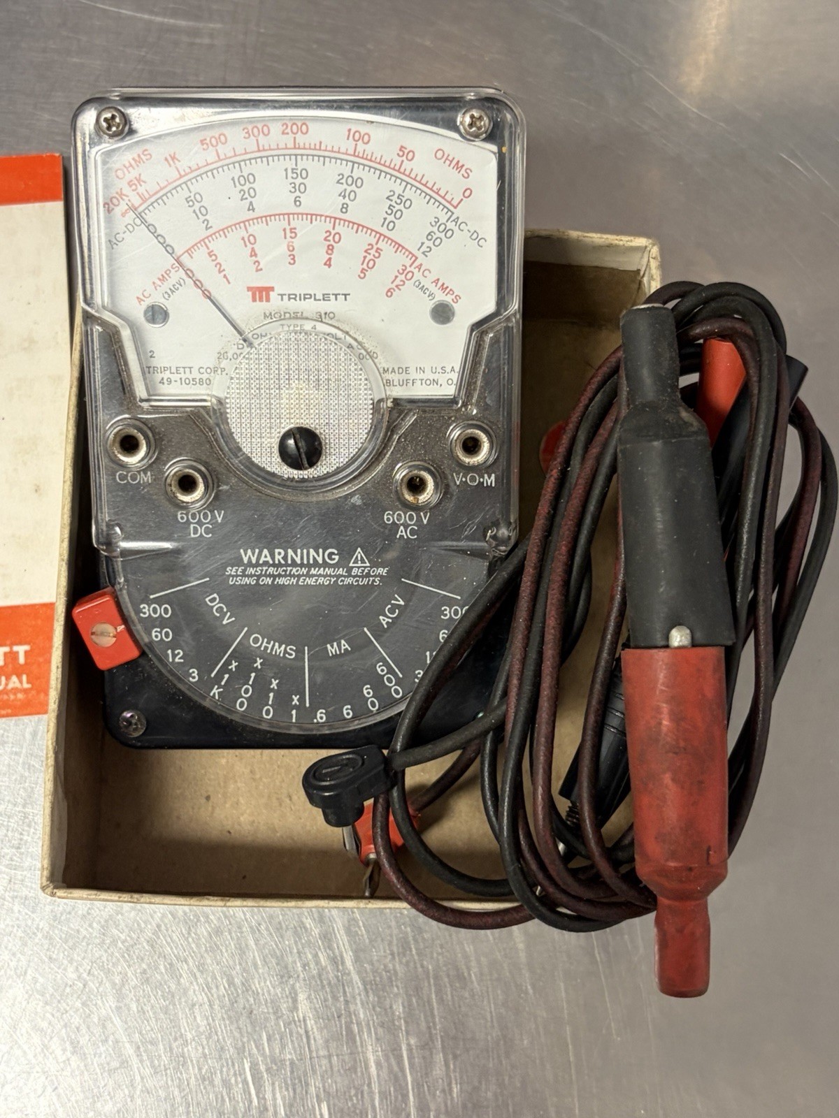 Triplett Model 310 Type 4 Volt Ohm Meter with Case, Probes and Instructions