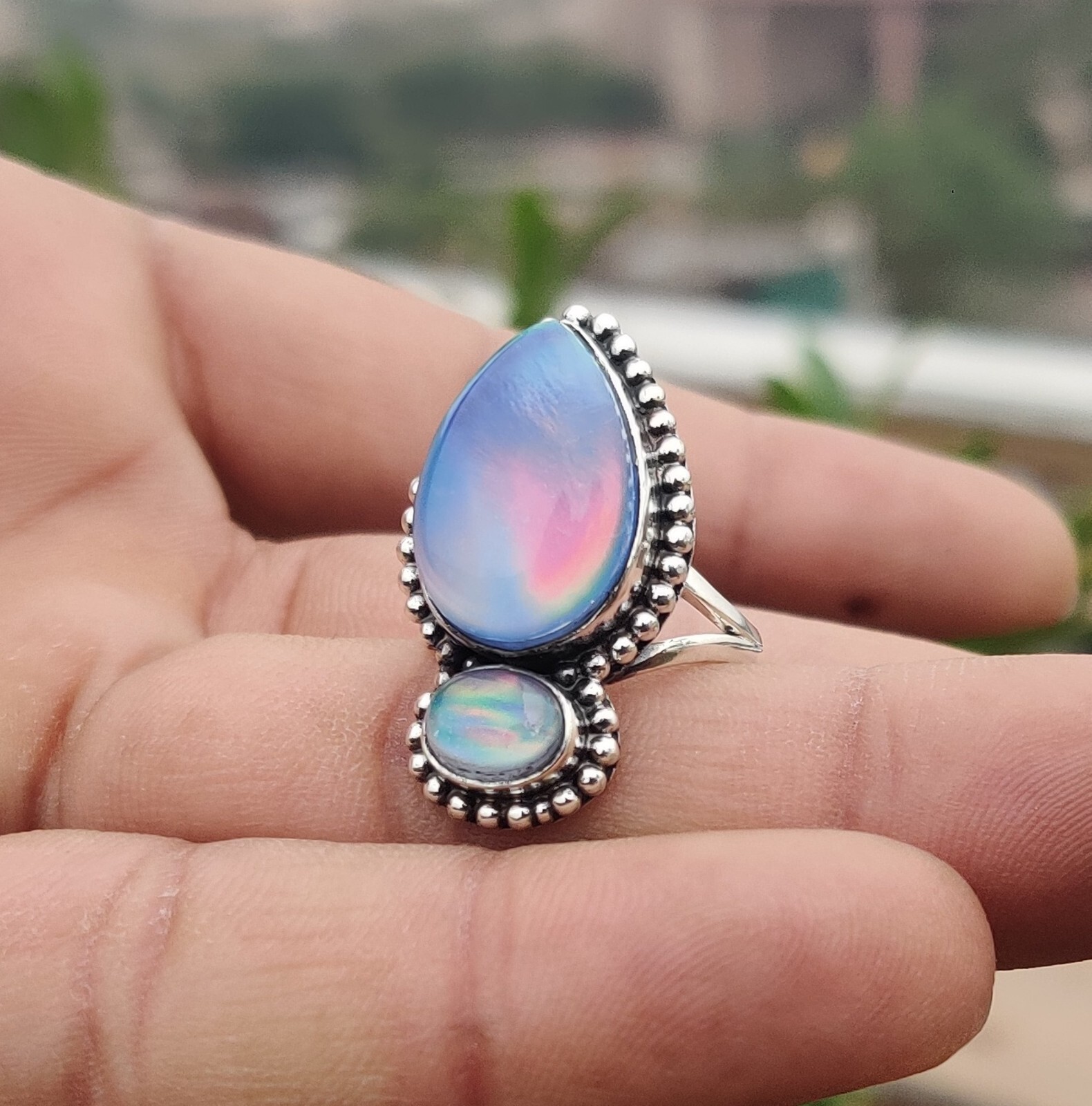 Awesome Aurora Opal Gemstone Ring 925 Sterling Silver Unique Style Lovely Ring