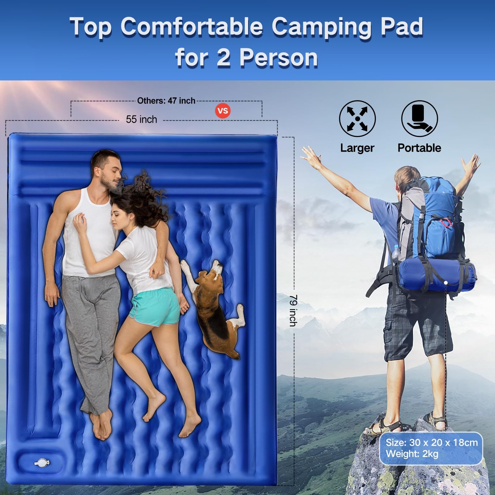 FNARMW Double Sleeping Pad Camping, Self Inflating 6'' Full, Navy Grey