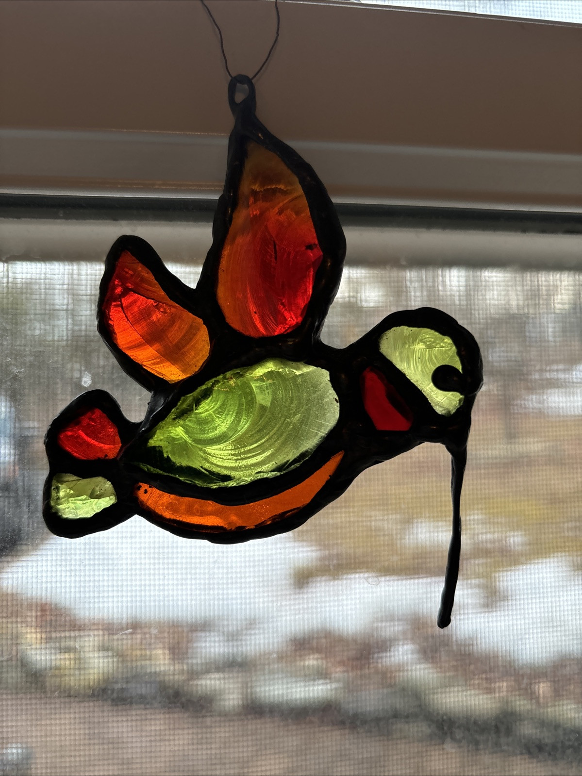 Hummingbird Sun Catcher Lead Chunky Glass Red Green 3.5" Long 3" High Rustic Art