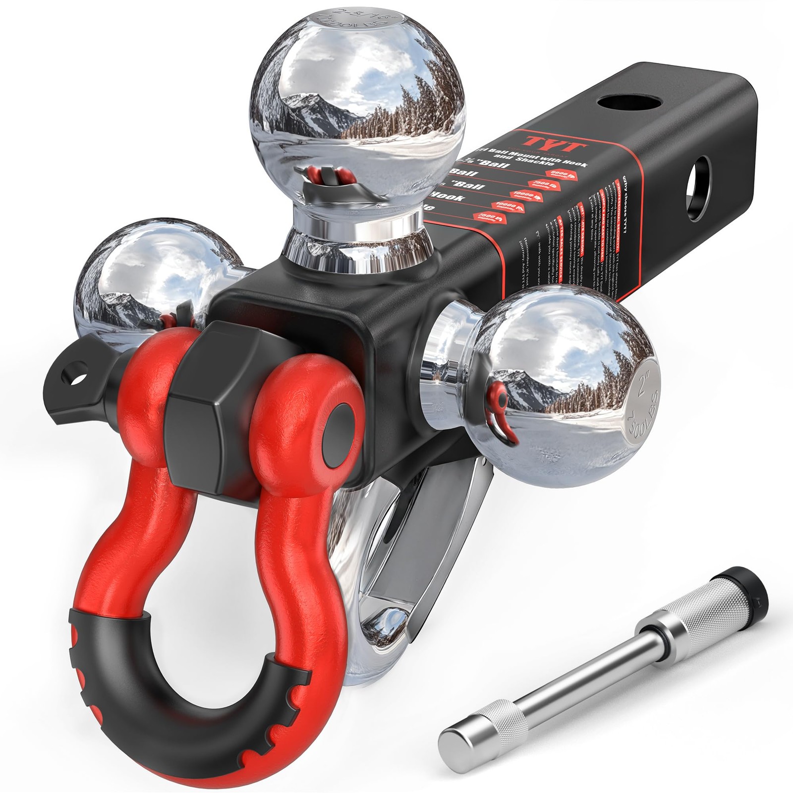Tri Ball Hitch Trailer Mount, Tow Hook & Clevis Shackle Fits 2" Receiver w/ Lock